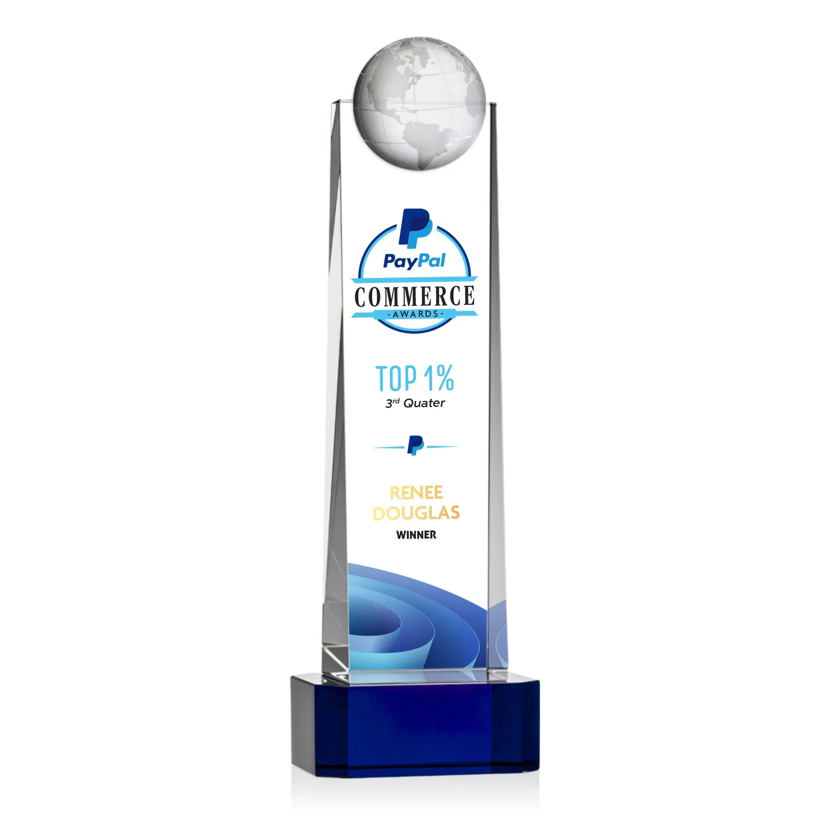 Branded Optical Crystal Tower Award With a Front-Mounted 3D Globe for service anniversary gifts