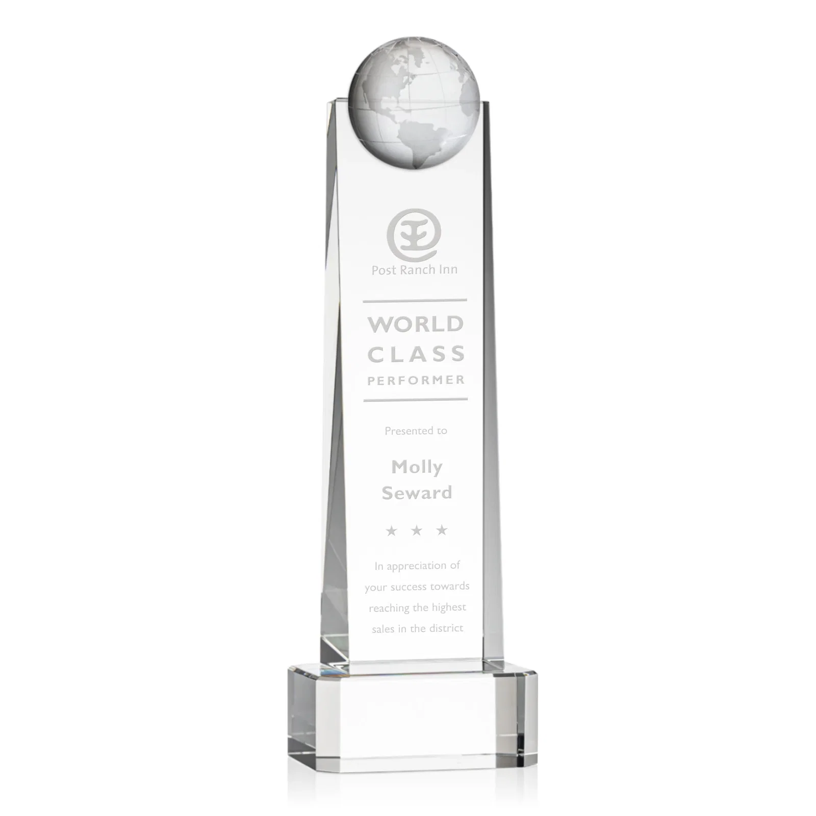Custom Optical Crystal Tower Award With a Front-Mounted 3D Globe for sales achievement awards