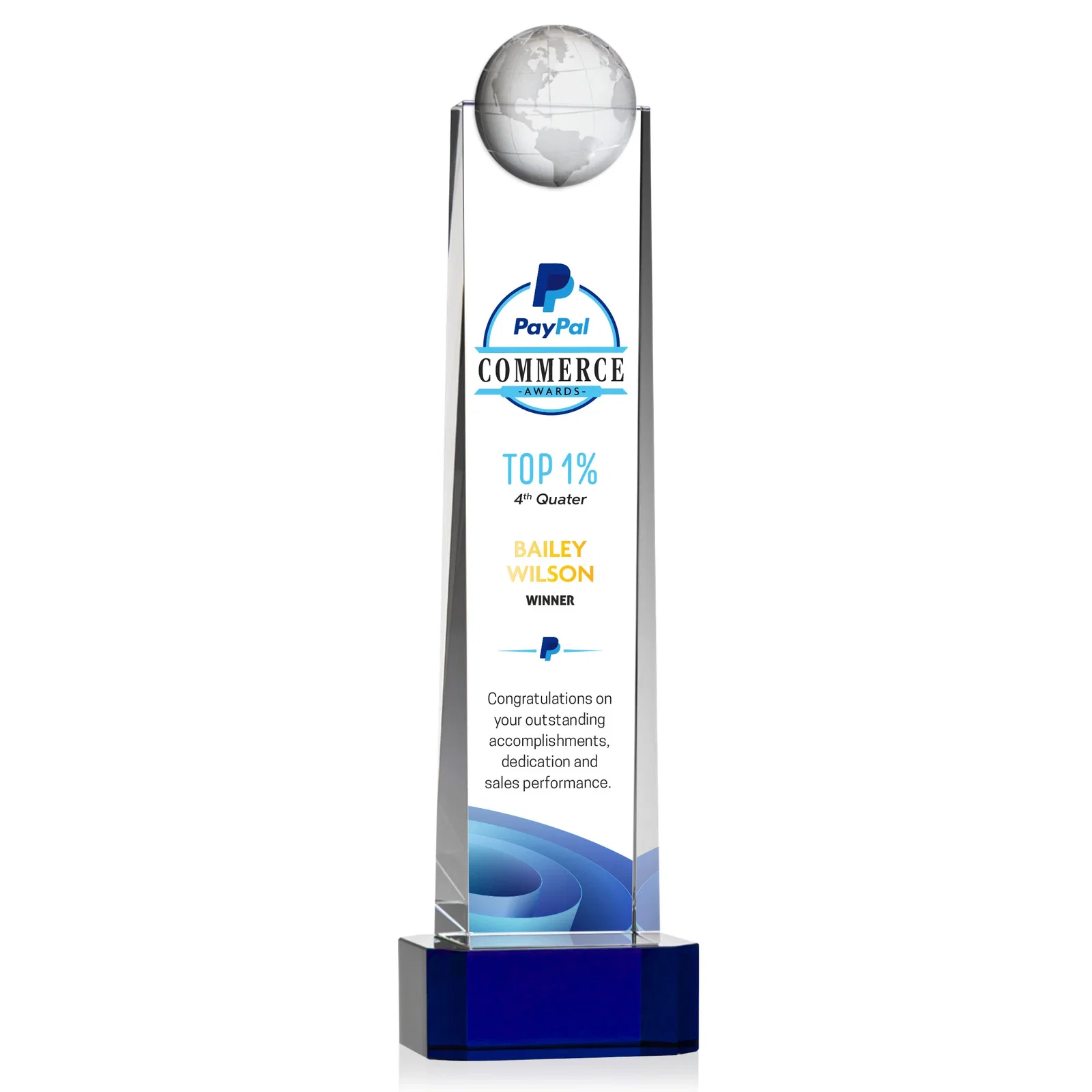 Branded Optical Crystal Tower Award With a Front-Mounted 3D Globe for sales achievement awards