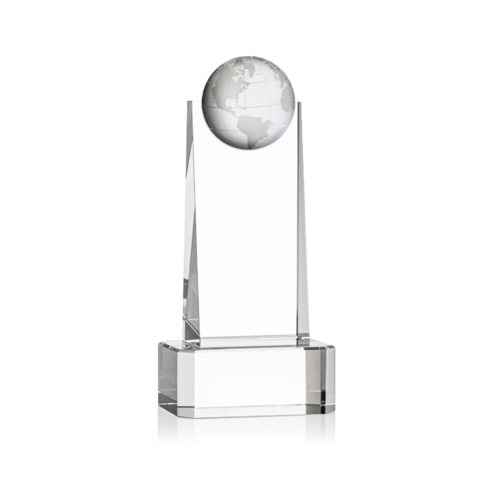 Branded Optical Crystal Tower Award With a Front-Mounted 3D Globe for retirement presentations