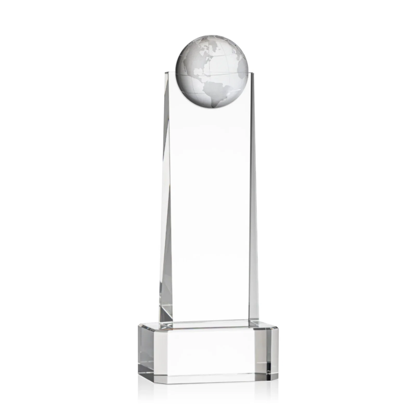Branded Optical Crystal Tower Award With a Front-Mounted 3D Globe for team milestone celebrations