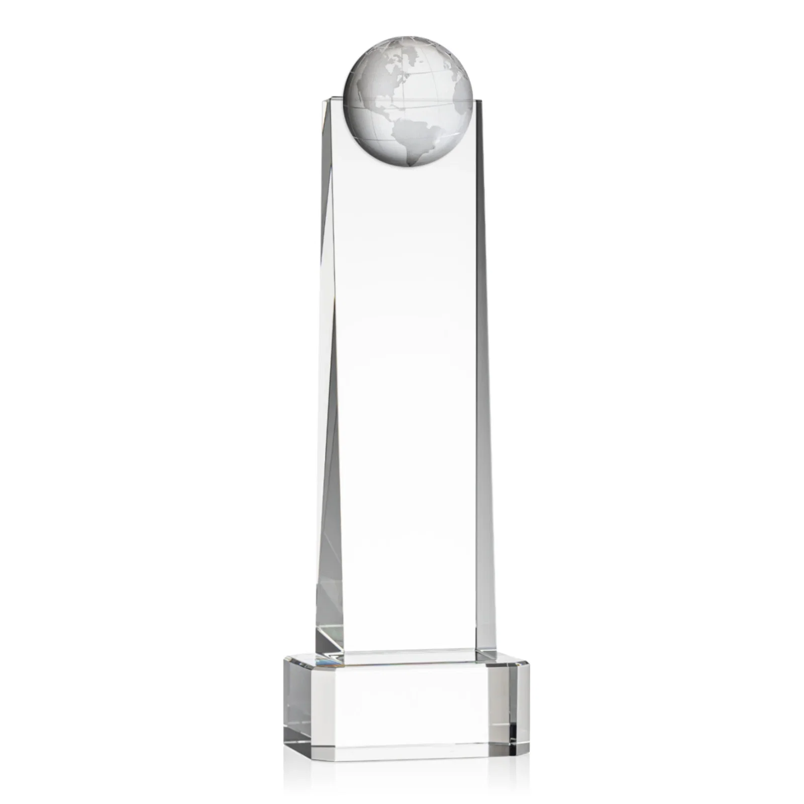 Branded Optical Crystal Tower Award With a Front-Mounted 3D Globe for donor appreciation