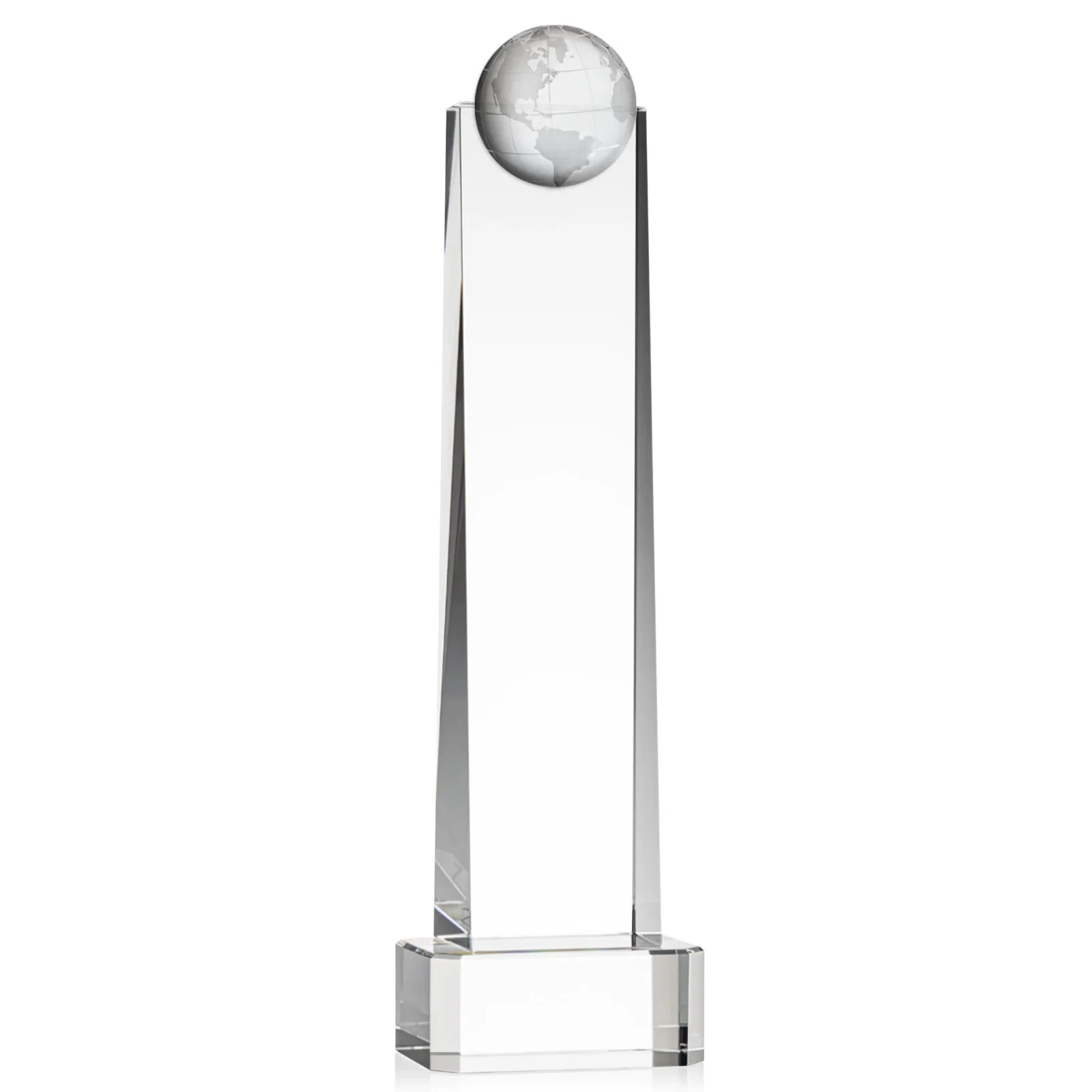 Branded Optical Crystal Tower Award With a Front-Mounted 3D Globe for graduation ceremonies