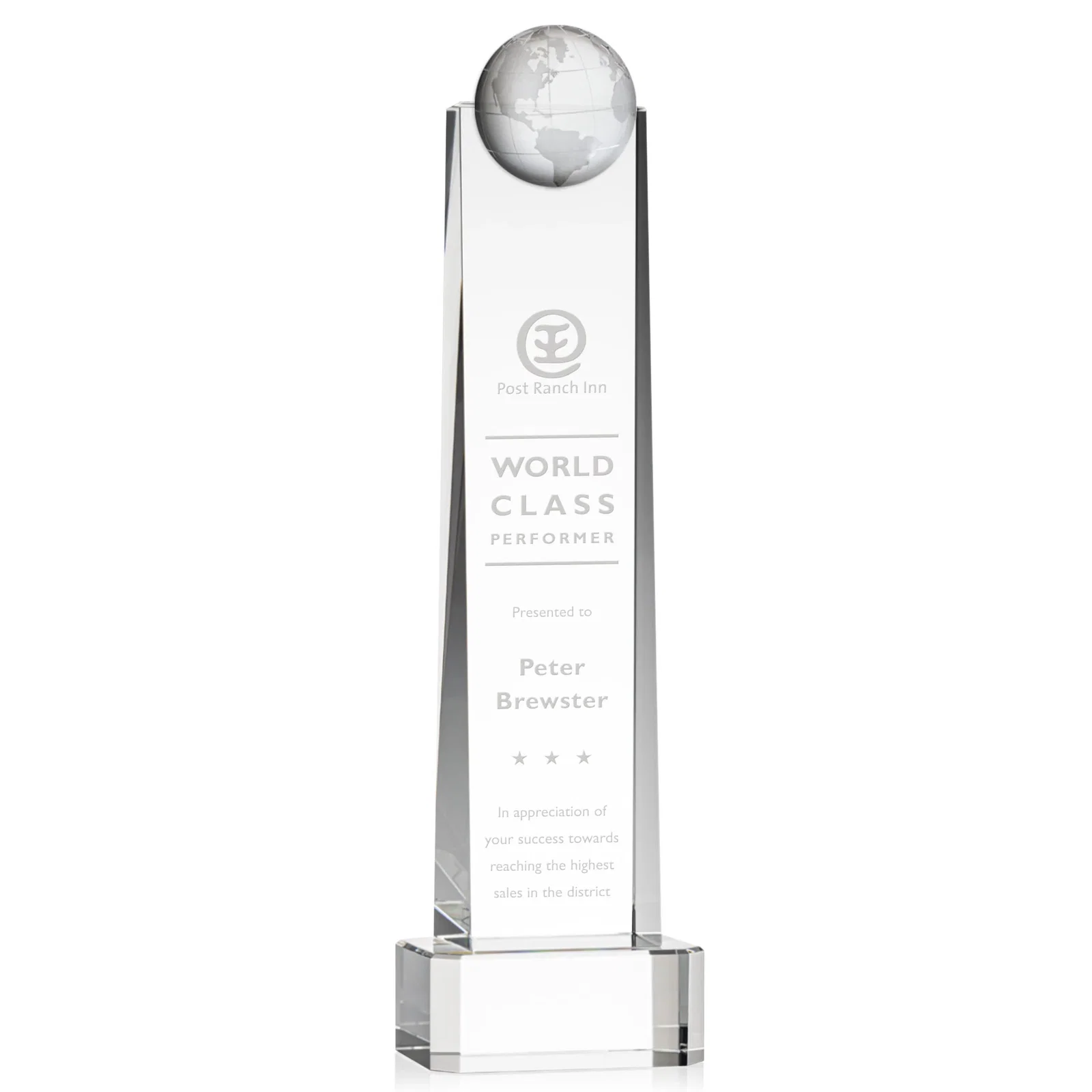 Custom Optical Crystal Tower Award With a Front-Mounted 3D Globe for retirement presentations