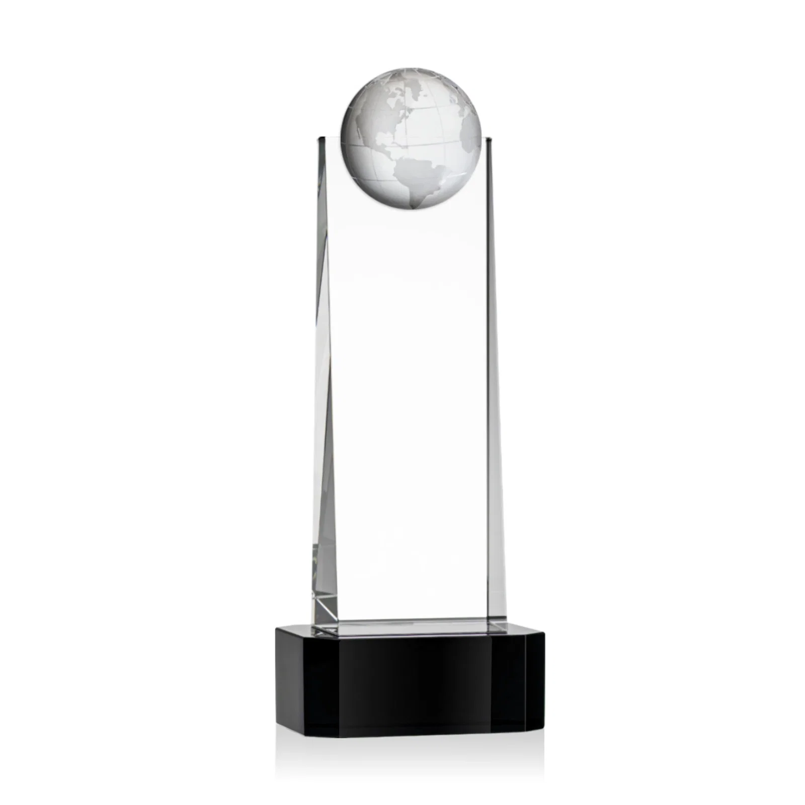 Custom printed Optical Crystal Tower Award With a Front-Mounted 3D Globe for corporate award ceremonies