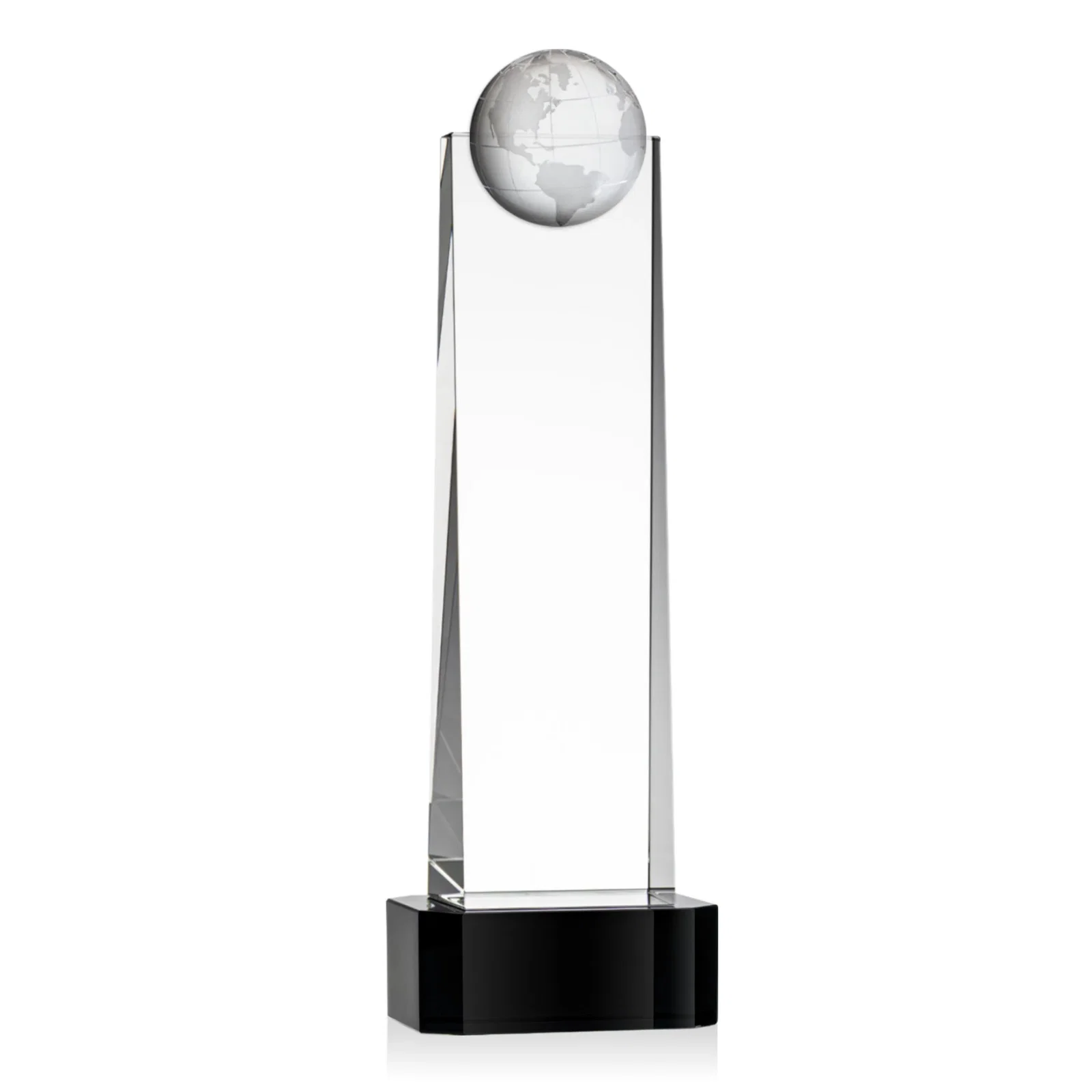Custom printed Optical Crystal Tower Award With a Front-Mounted 3D Globe for service anniversary gifts