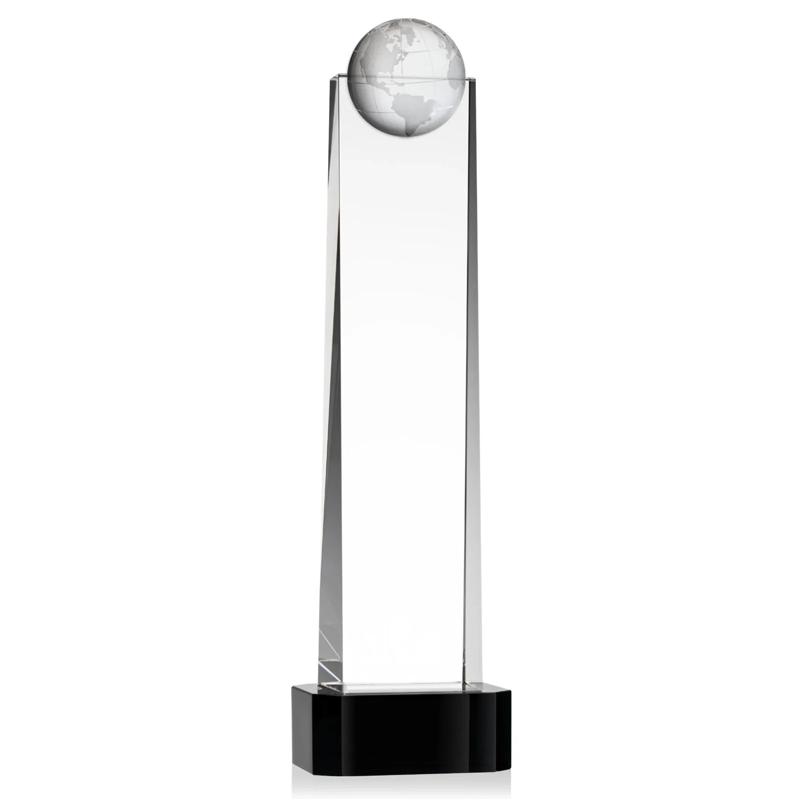 Custom printed Optical Crystal Tower Award With a Front-Mounted 3D Globe for sales achievement awards