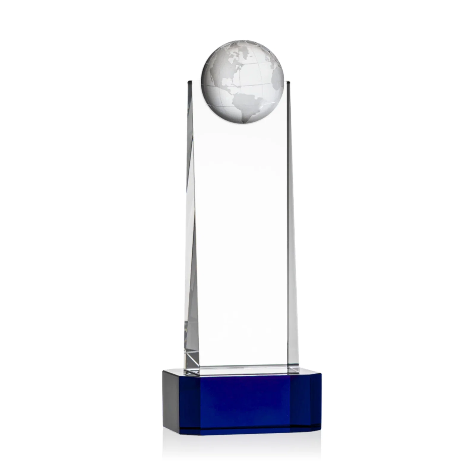 Custom printed Optical Crystal Tower Award With a Front-Mounted 3D Globe for team milestone celebrations