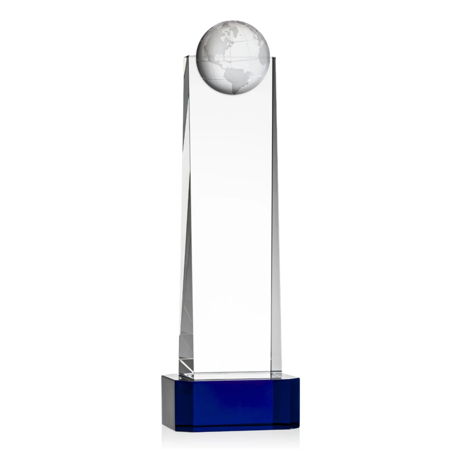 Custom printed Optical Crystal Tower Award With a Front-Mounted 3D Globe for donor appreciation