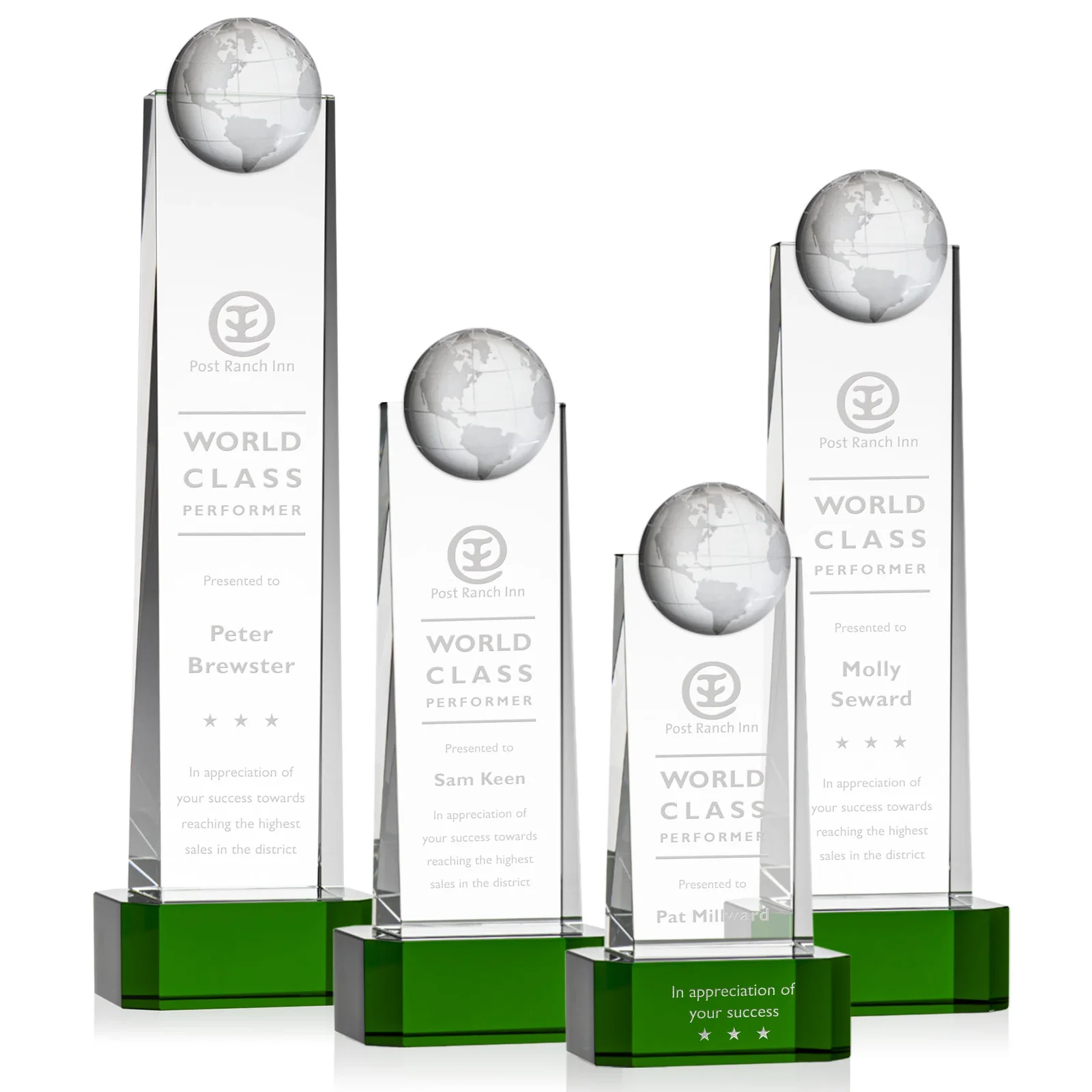 Custom Optical Crystal Tower Award With a Front-Mounted 3D Globe for team milestone celebrations