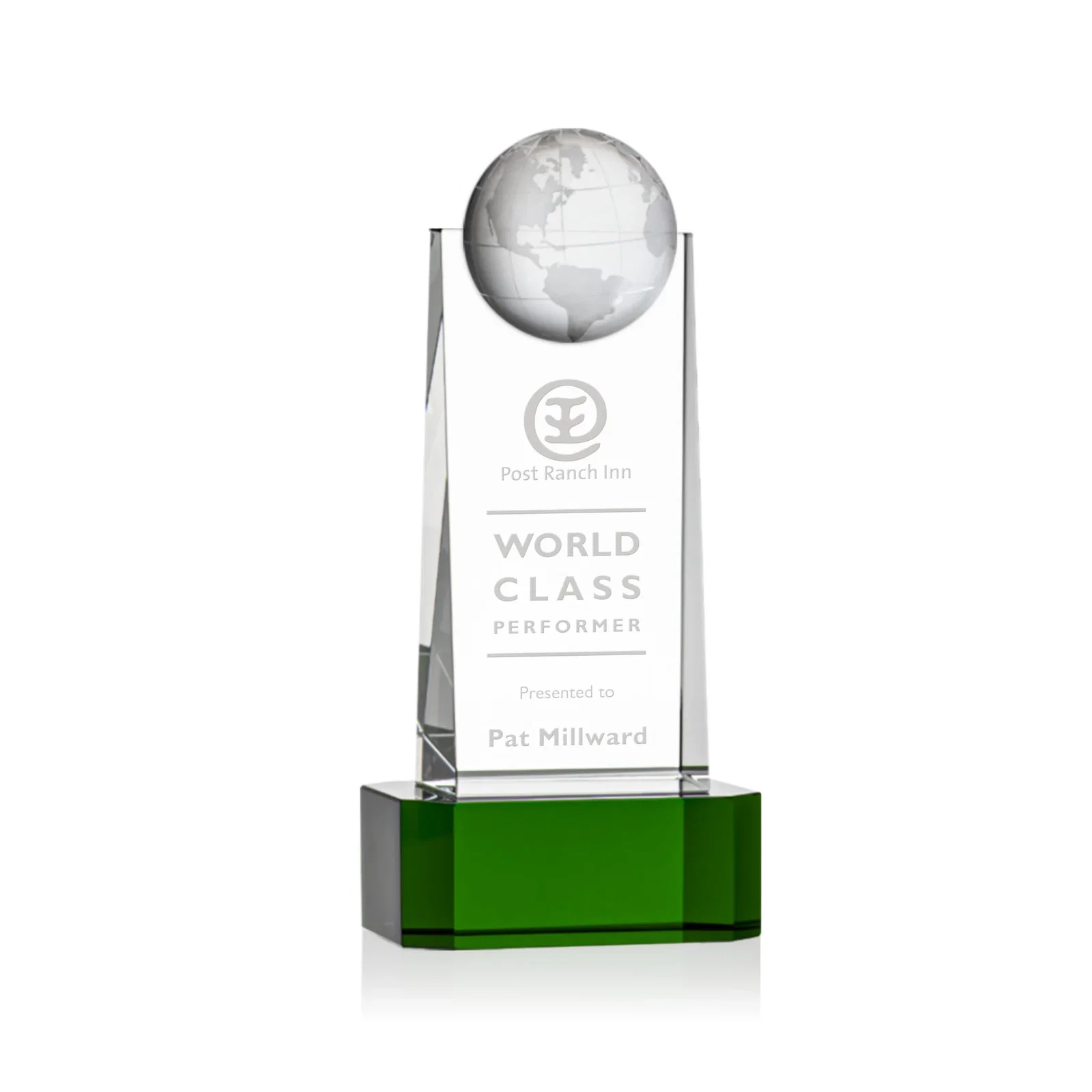 Custom Optical Crystal Tower Award With a Front-Mounted 3D Globe for donor appreciation