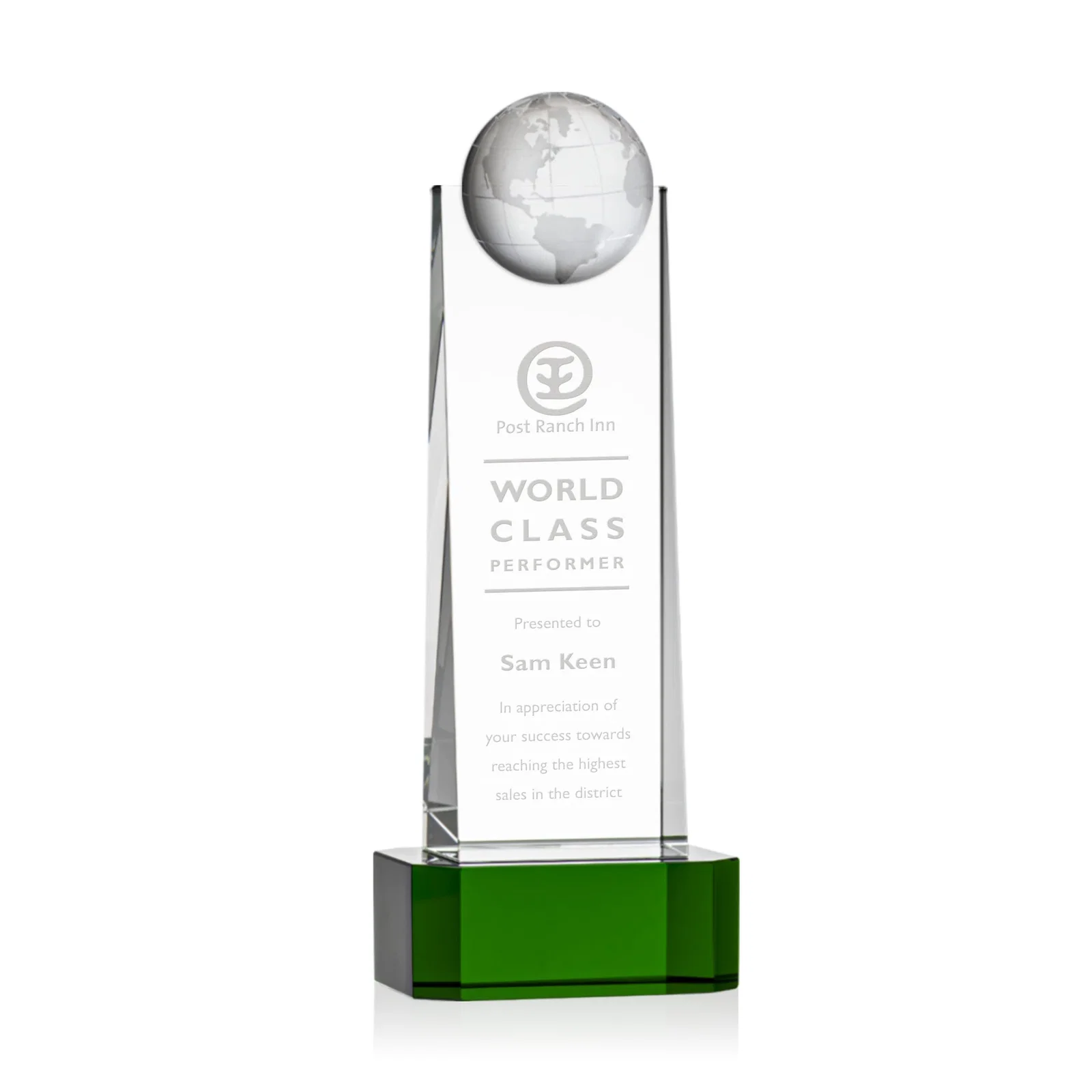 Custom Optical Crystal Tower Award With a Front-Mounted 3D Globe for graduation ceremonies