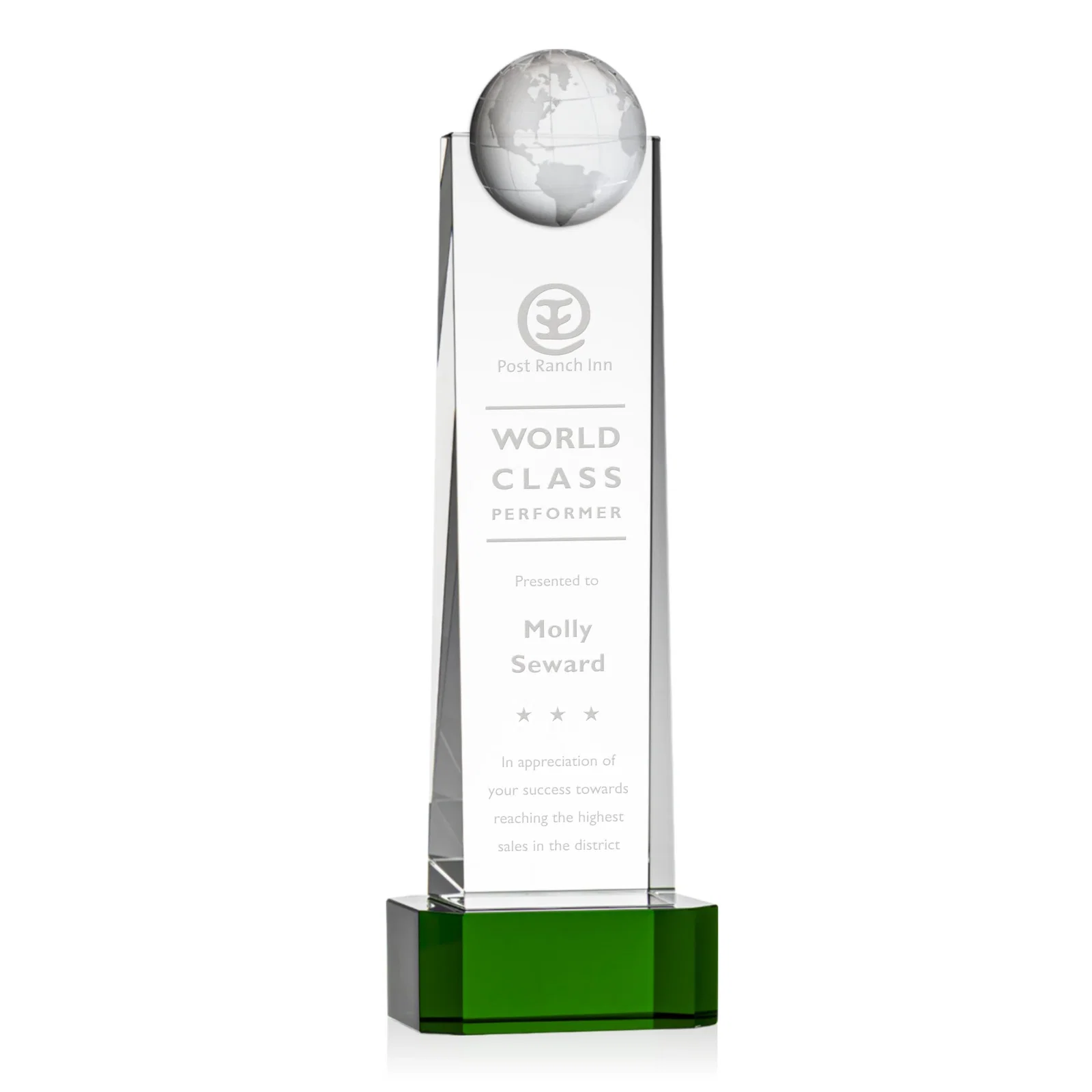 Custom Optical Crystal Tower Award With a Front-Mounted 3D Globe for safety achievement programs