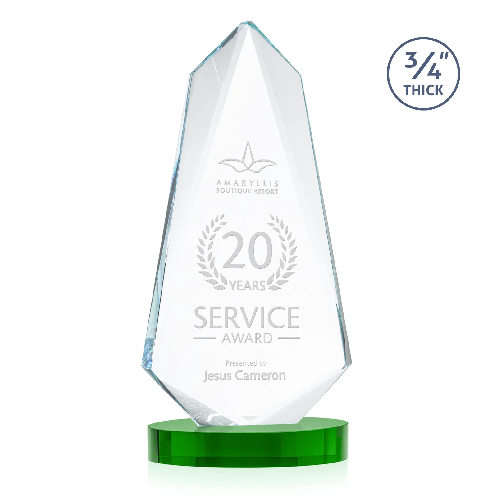 Custom printed Starfire Crystal Arrow Award with Deep Bevels, awards for company anniversary events