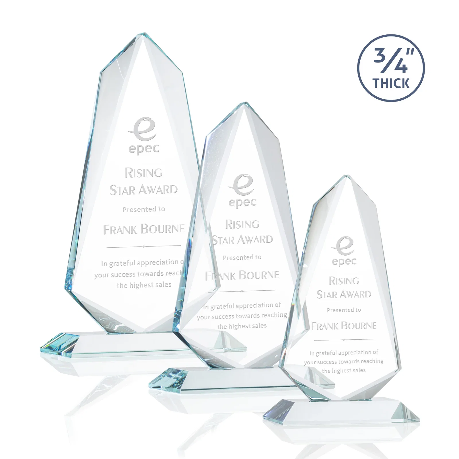 Custom Starfire Crystal Arrow Award with Wood or Crystal Mitered Base for employee recognition