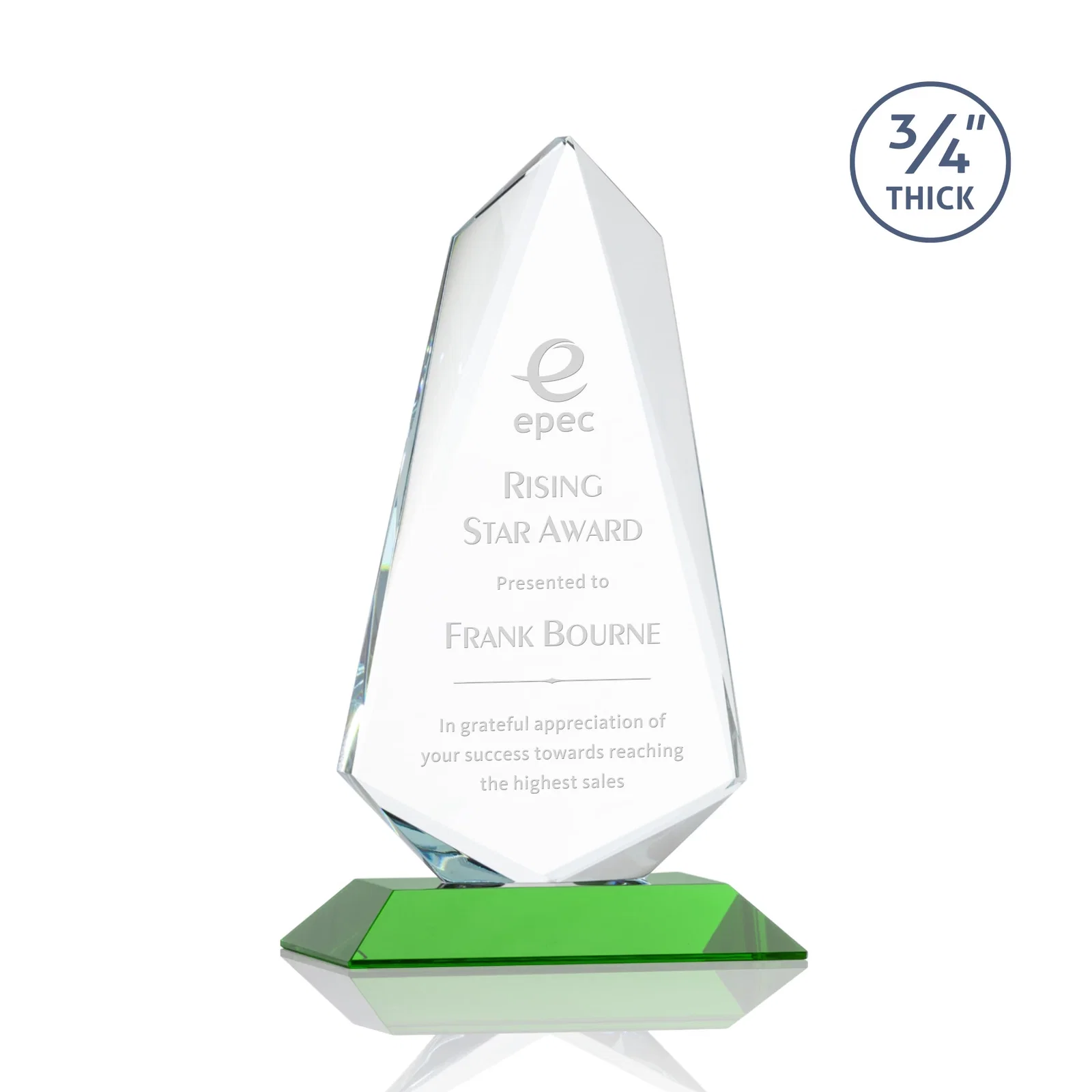 Custom Starfire Crystal Arrow Award with Wood or Crystal Mitered Base for volunteer appreciation
