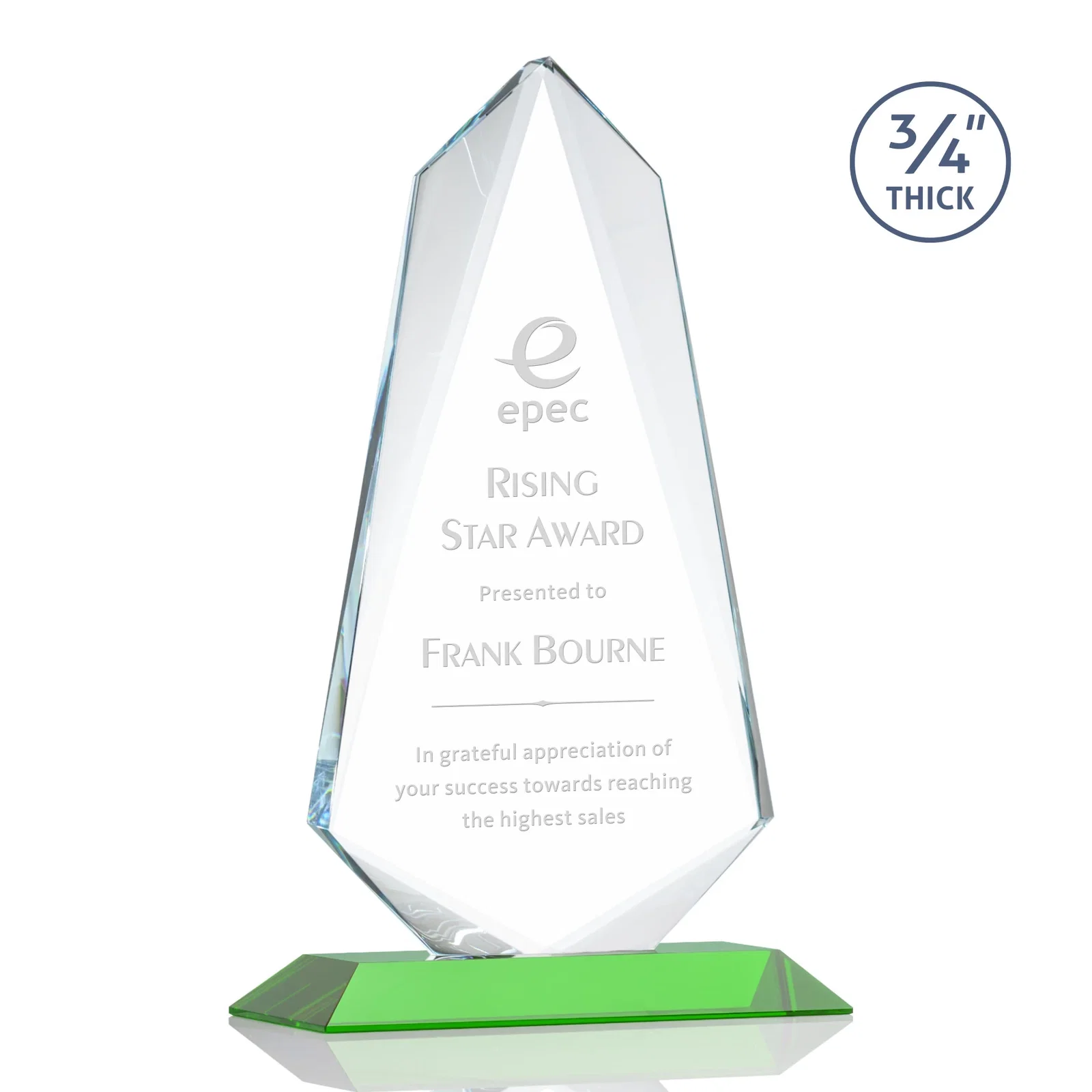 Custom Starfire Crystal Arrow Award with Wood or Crystal Mitered Base for company anniversary events