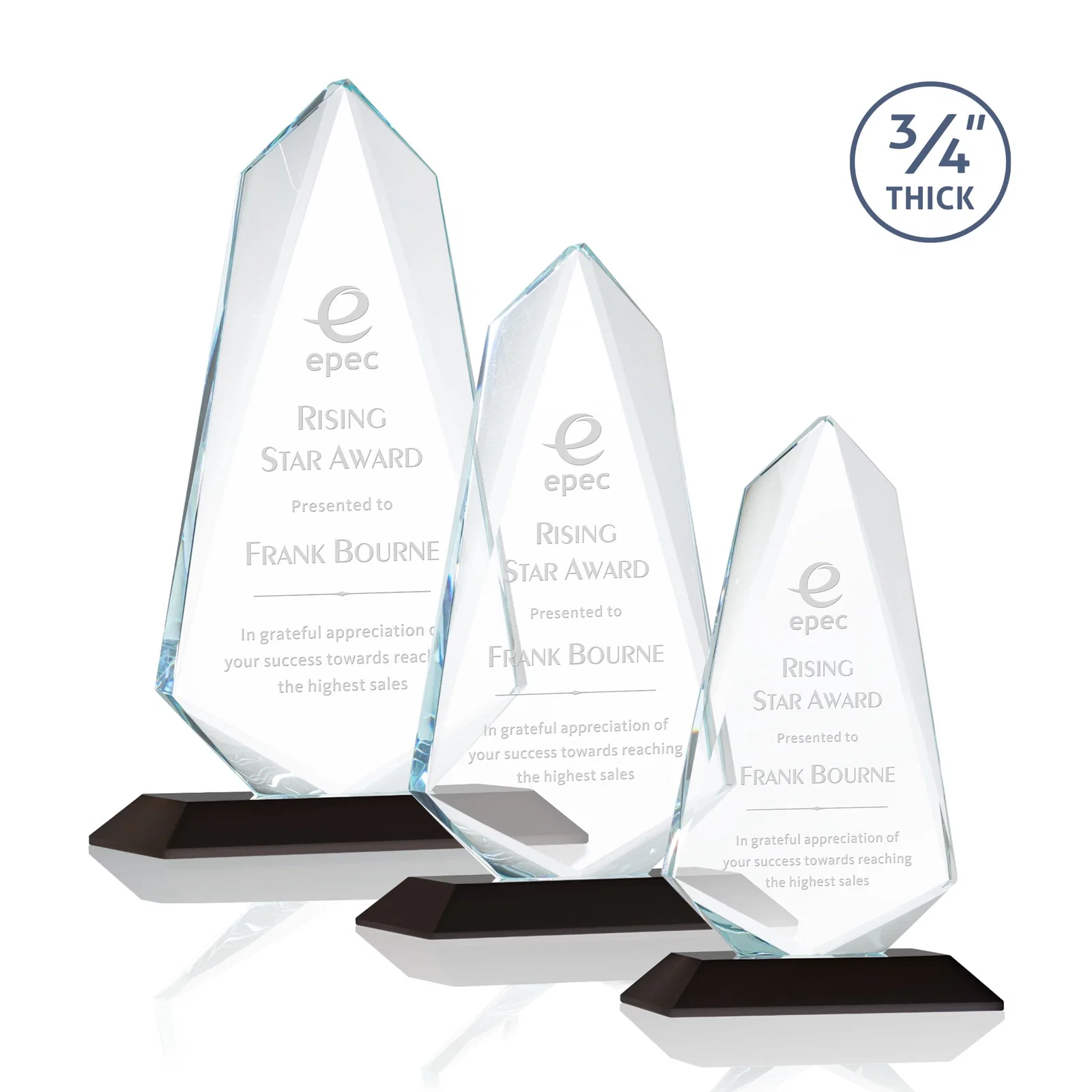 Personalized Starfire Crystal Arrow Award with Wood or Crystal Mitered Base for employee recognition