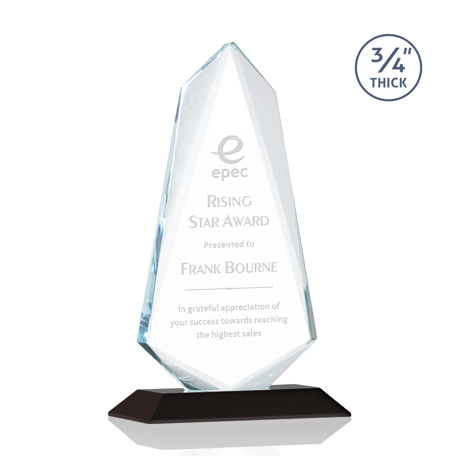 Personalized Starfire Crystal Arrow Award with Wood or Crystal Mitered Base for service anniversary gifts