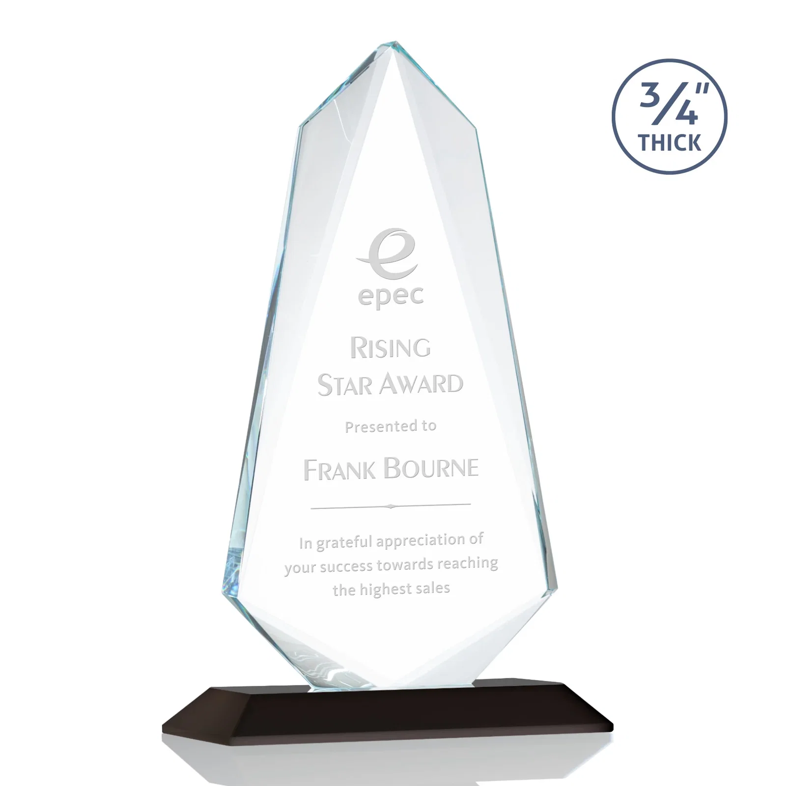 Personalized Starfire Crystal Arrow Award with Wood or Crystal Mitered Base for sales achievement awards