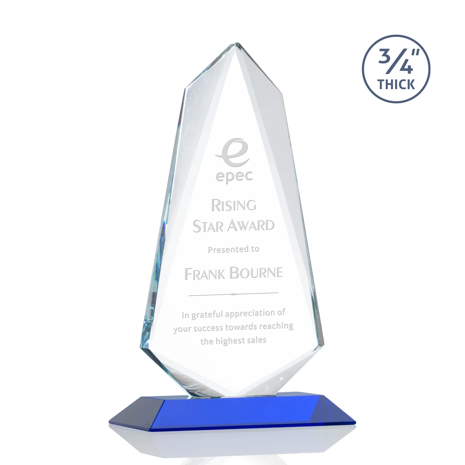 Personalized Starfire Crystal Arrow Award with Wood or Crystal Mitered Base for donor appreciation