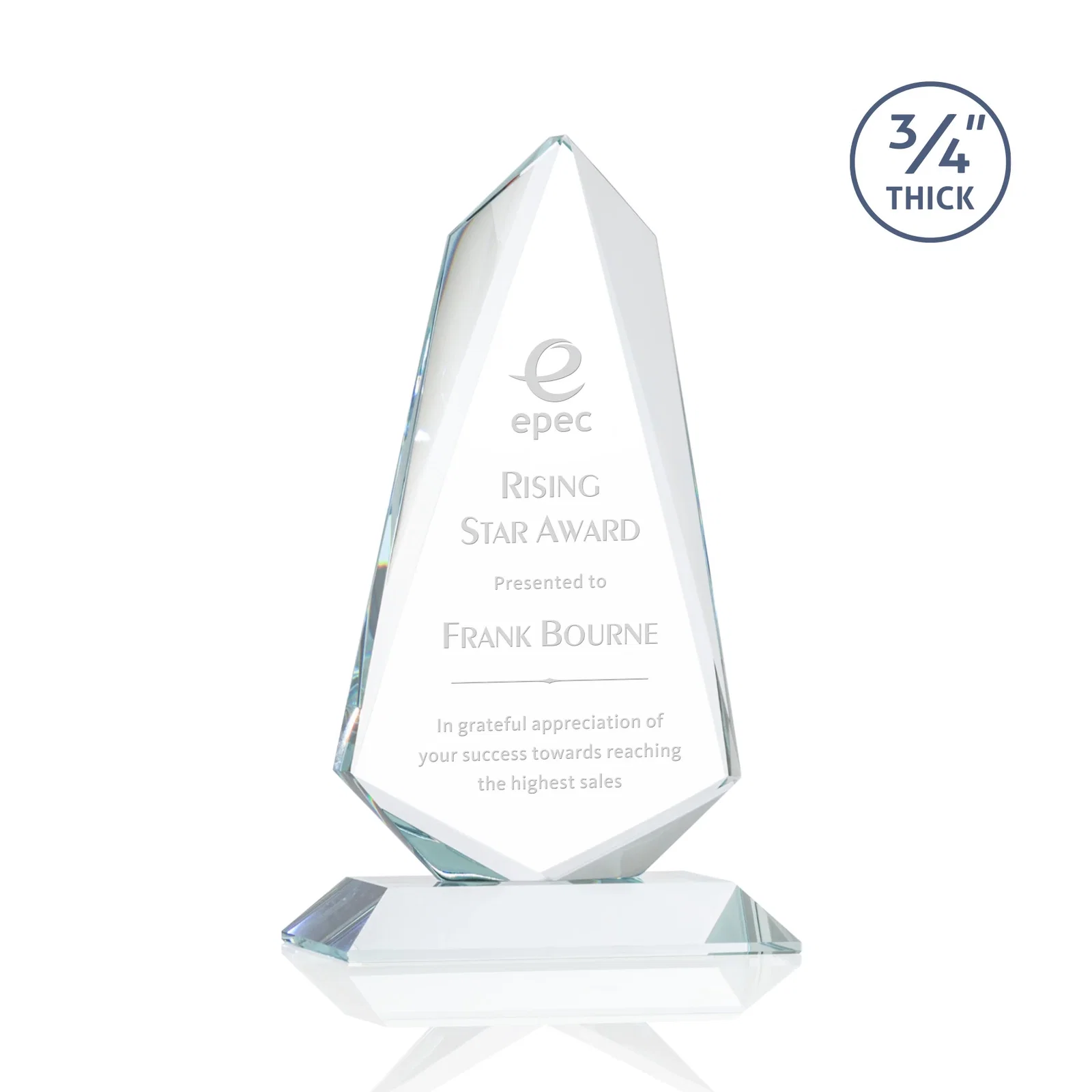 Custom Starfire Crystal Arrow Award with Wood or Crystal Mitered Base for corporate award ceremonies