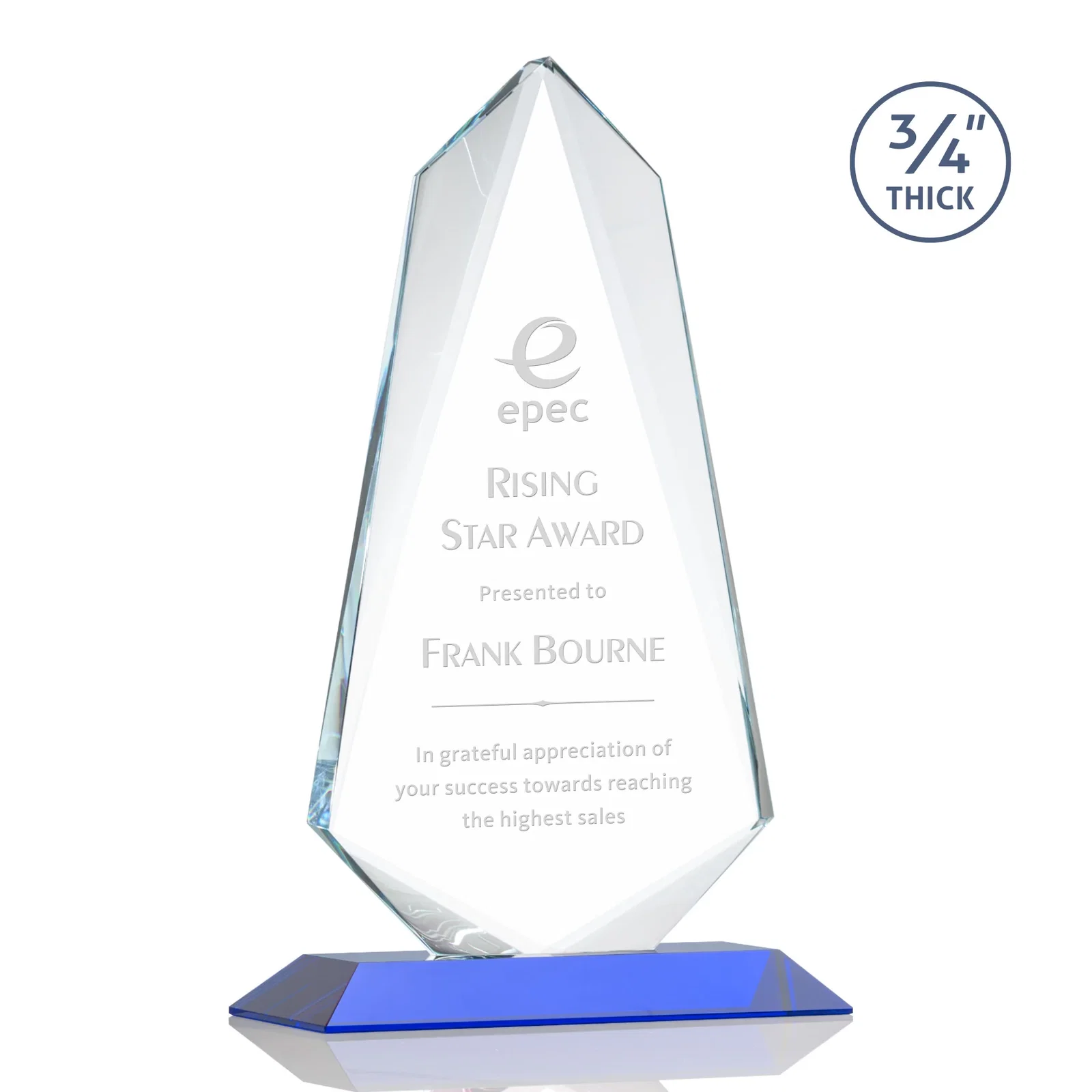Personalized Starfire Crystal Arrow Award with Wood or Crystal Mitered Base for graduation ceremonies
