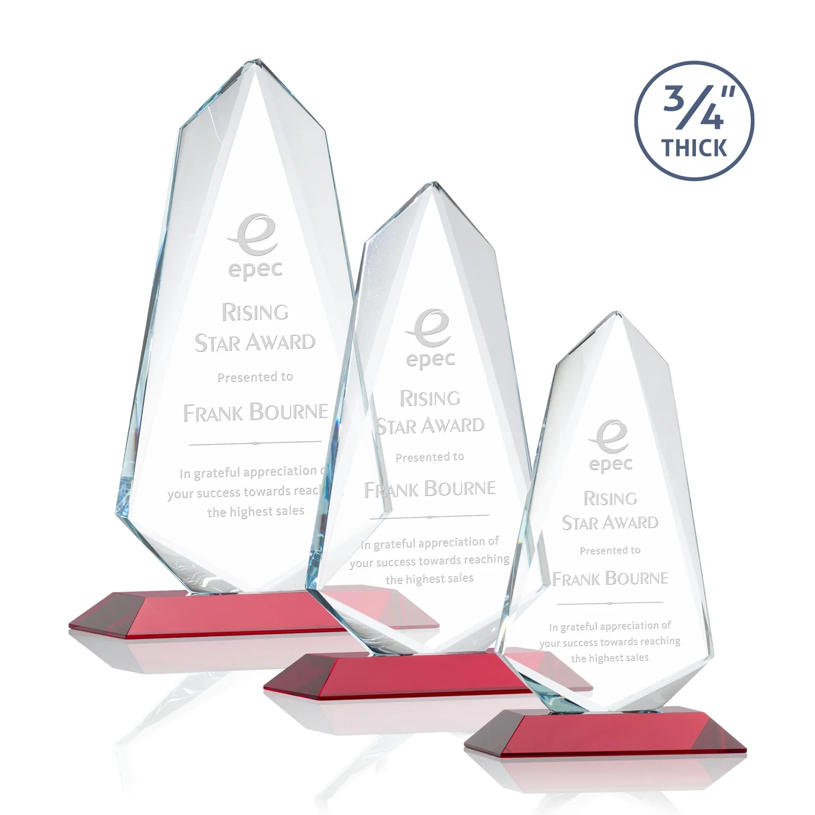 Personalized Starfire Crystal Arrow Award with Wood or Crystal Mitered Base for safety achievement programs
