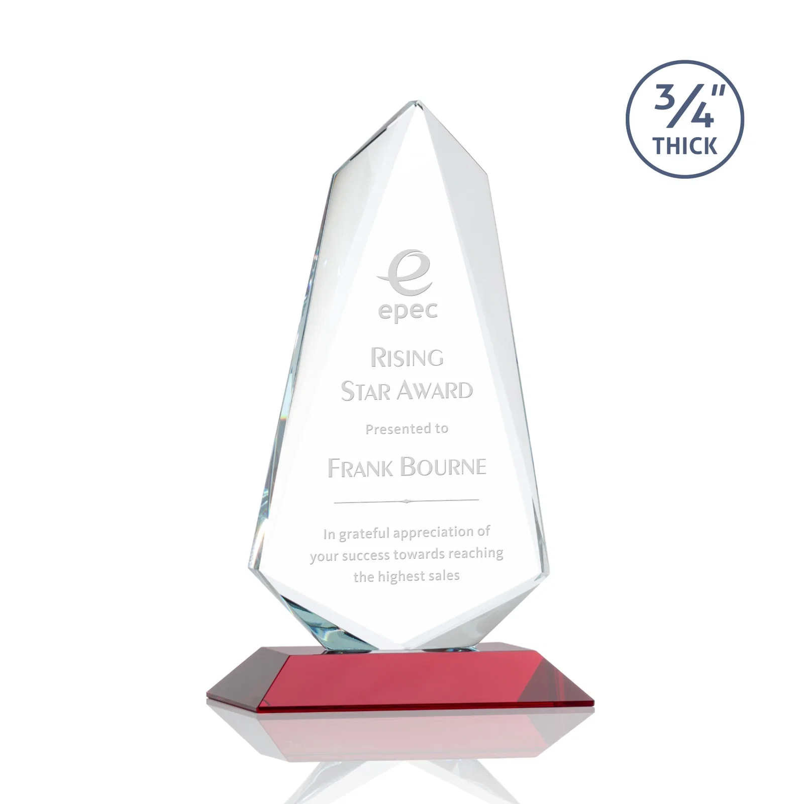 Personalized Starfire Crystal Arrow Award with Wood or Crystal Mitered Base for volunteer appreciation