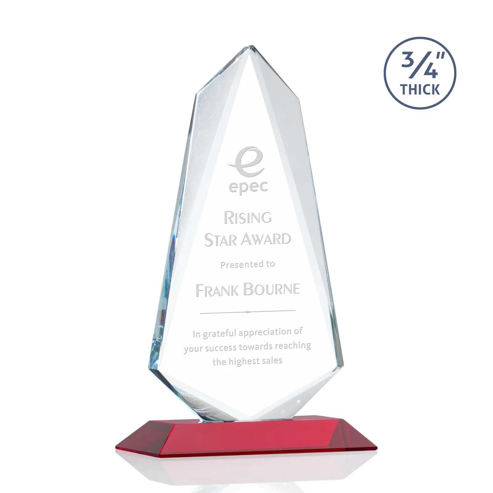 Personalized Starfire Crystal Arrow Award with Wood or Crystal Mitered Base for dealer and partner awards