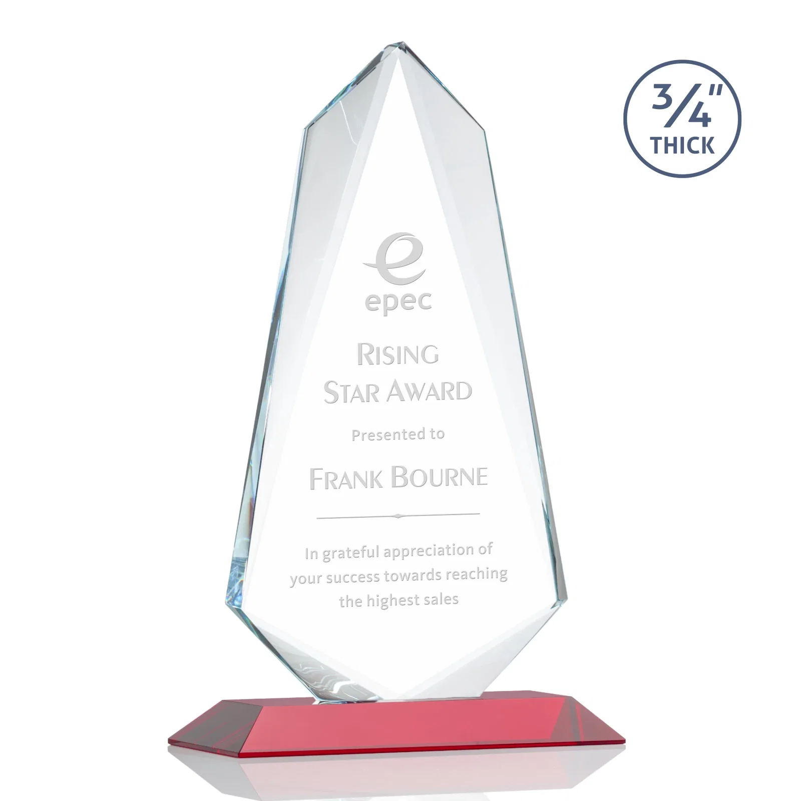 Personalized Starfire Crystal Arrow Award with Wood or Crystal Mitered Base for company anniversary events