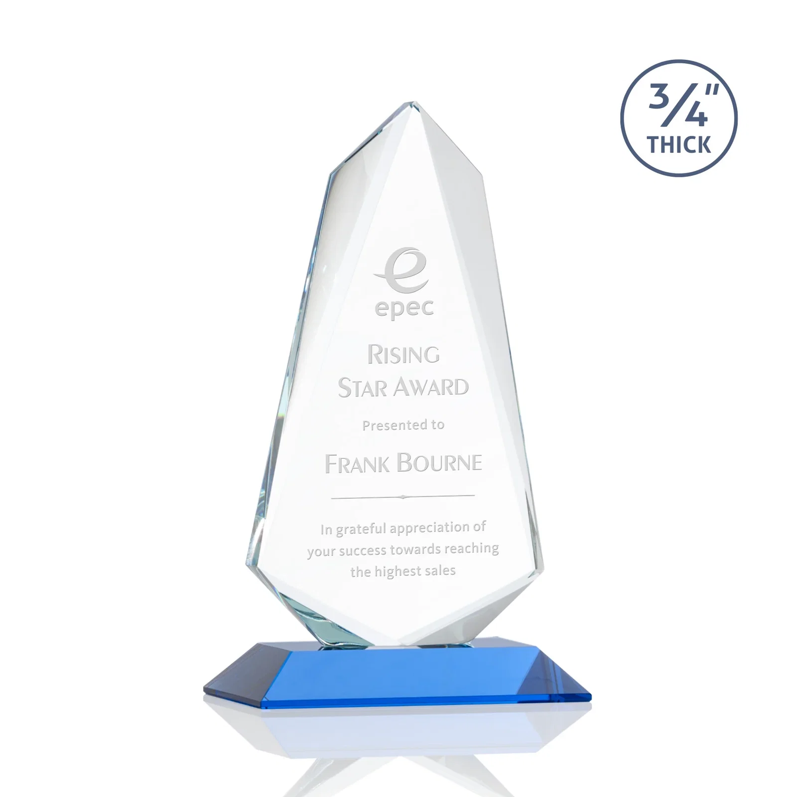 Promotional Starfire Crystal Arrow Award with Wood or Crystal Mitered Base for corporate award ceremonies