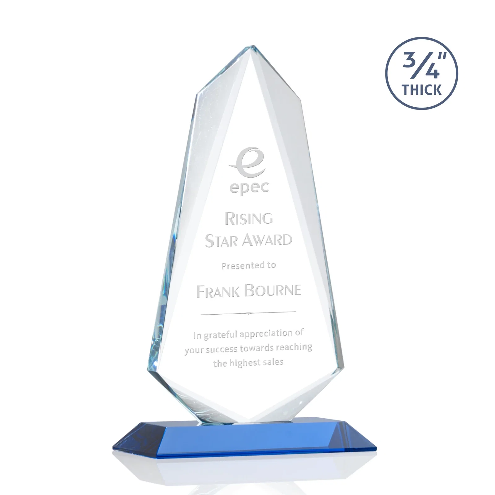Promotional Starfire Crystal Arrow Award with Wood or Crystal Mitered Base for service anniversary gifts