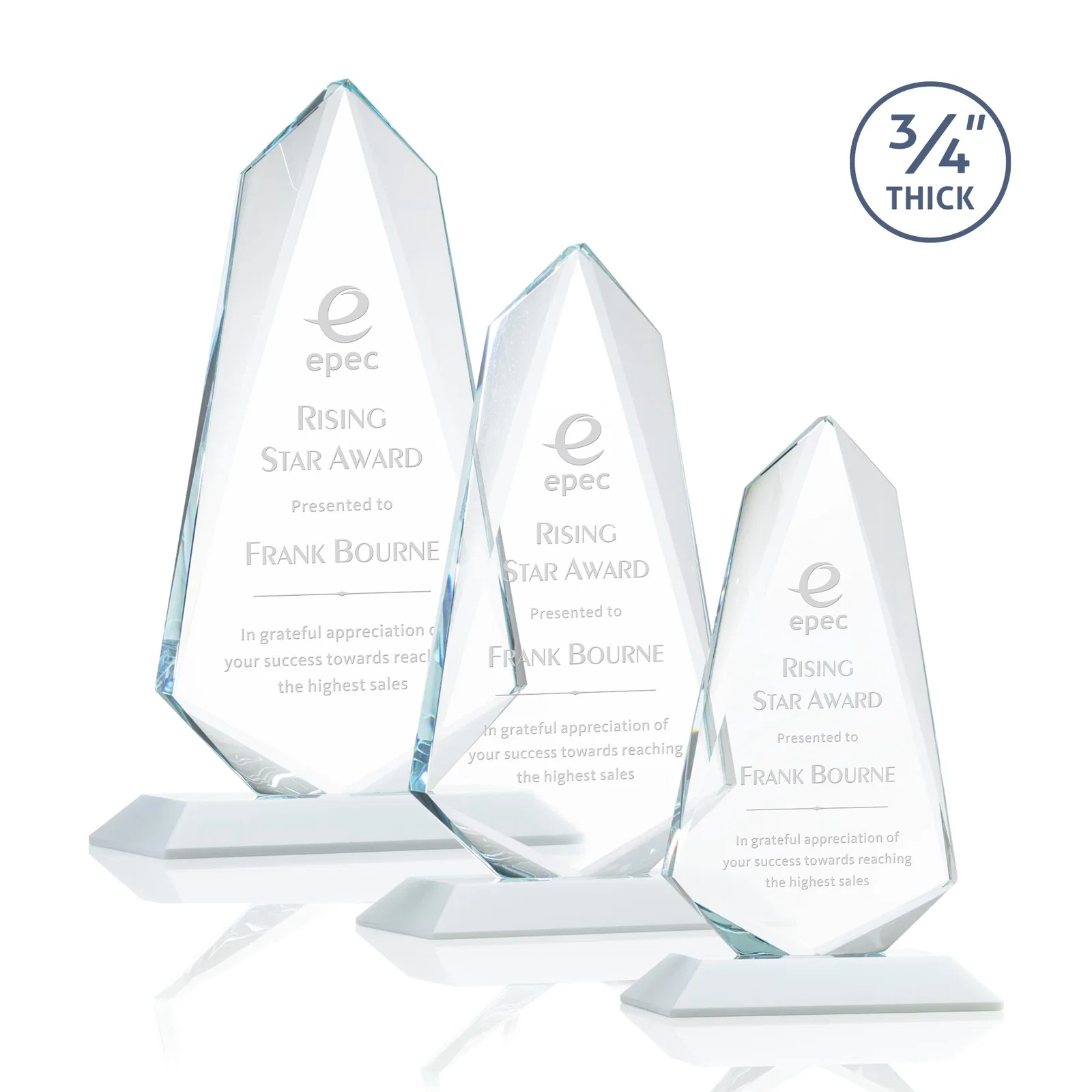 Promotional Starfire Crystal Arrow Award with Wood or Crystal Mitered Base for retirement presentations