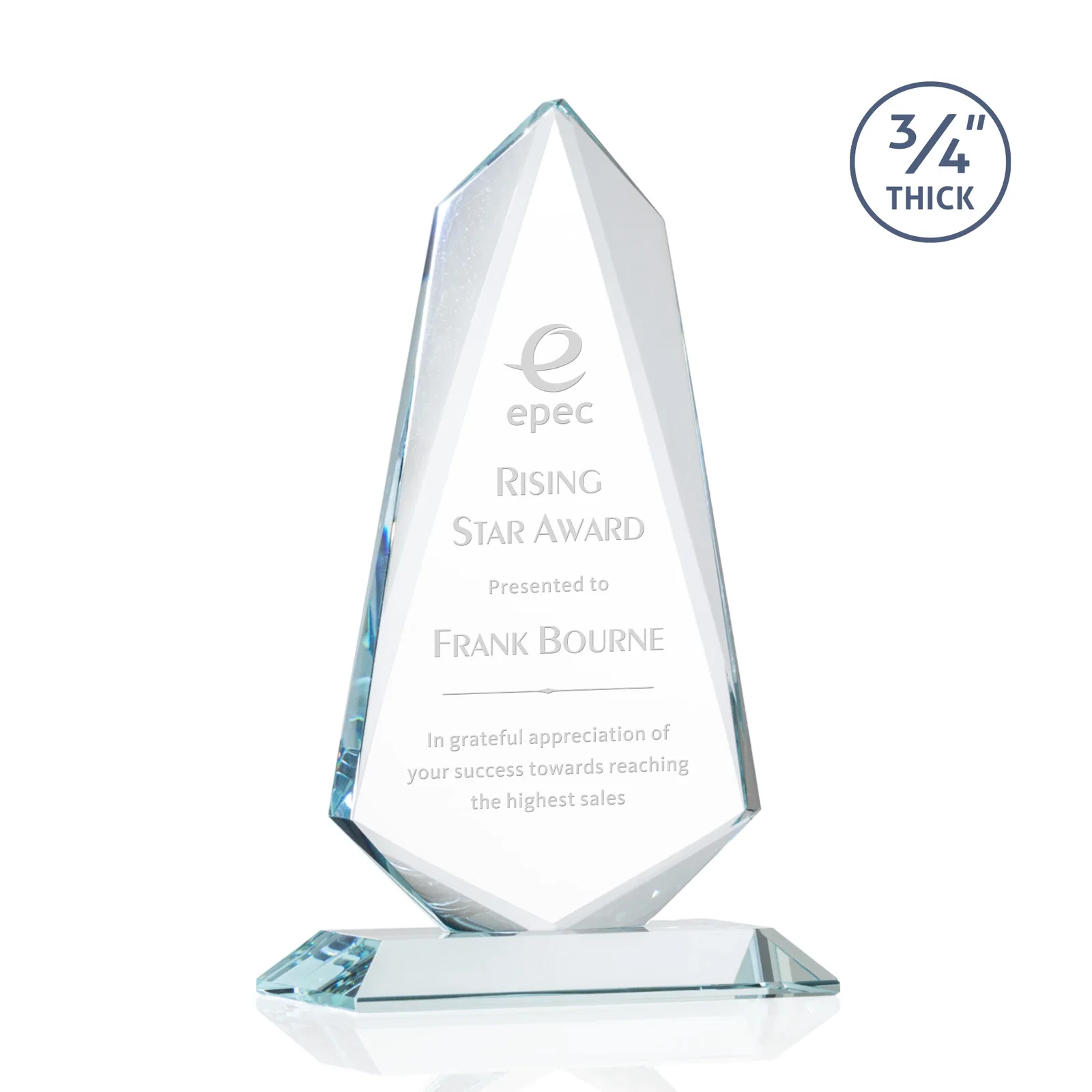 Custom Starfire Crystal Arrow Award with Wood or Crystal Mitered Base for service anniversary gifts