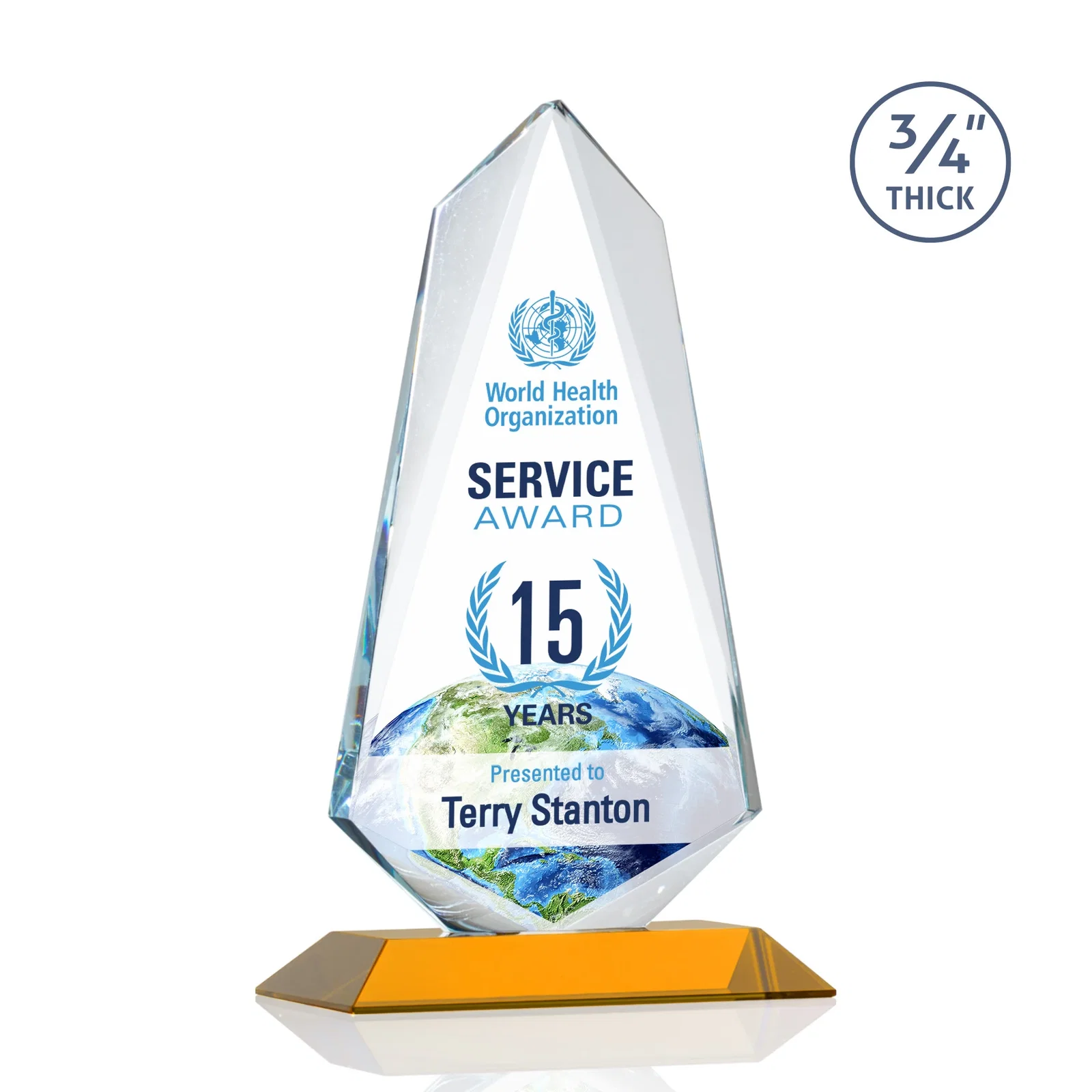 Branded Starfire Crystal Arrow Award with Wood or Crystal Mitered Base for service anniversary gifts