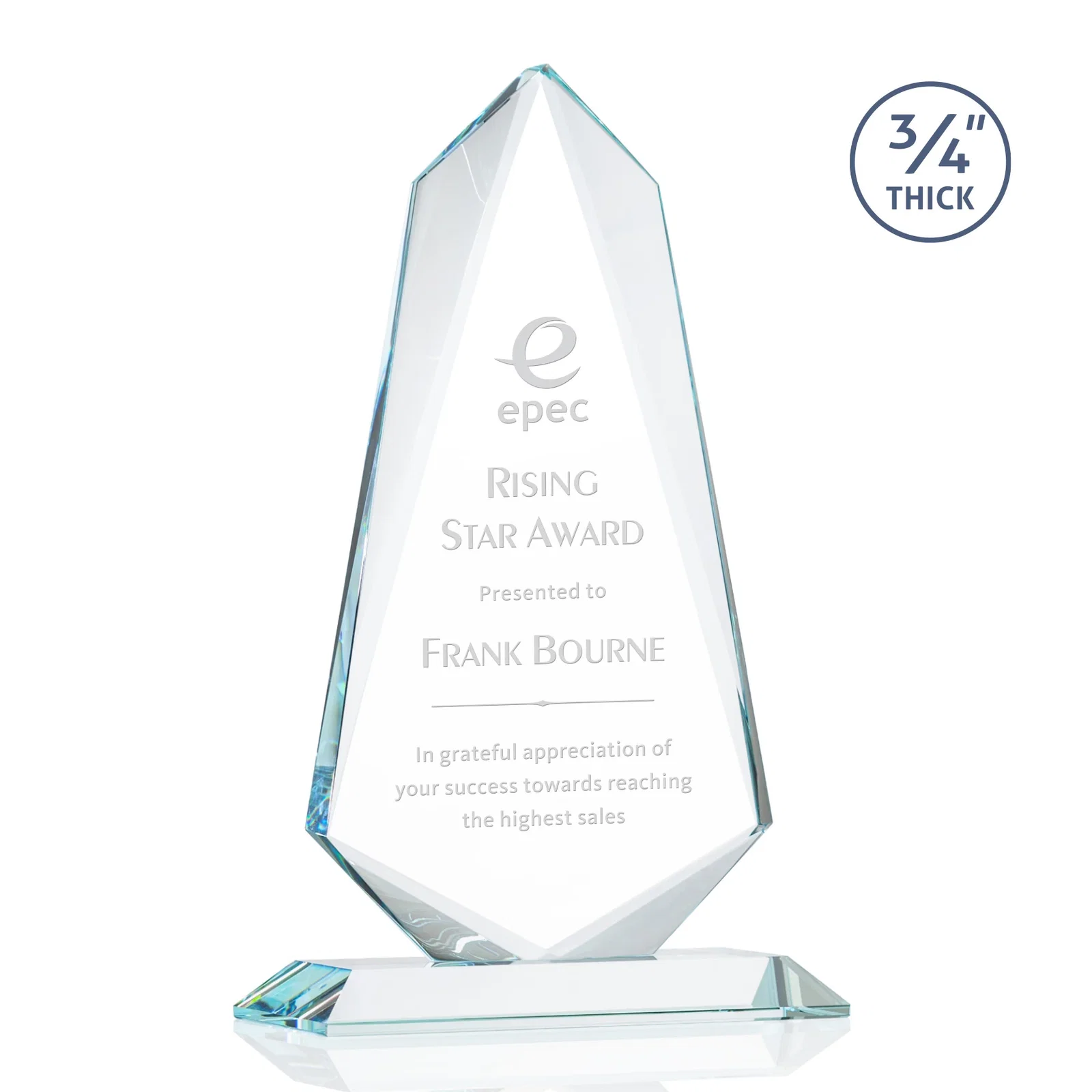 Custom Starfire Crystal Arrow Award with Wood or Crystal Mitered Base for sales achievement awards