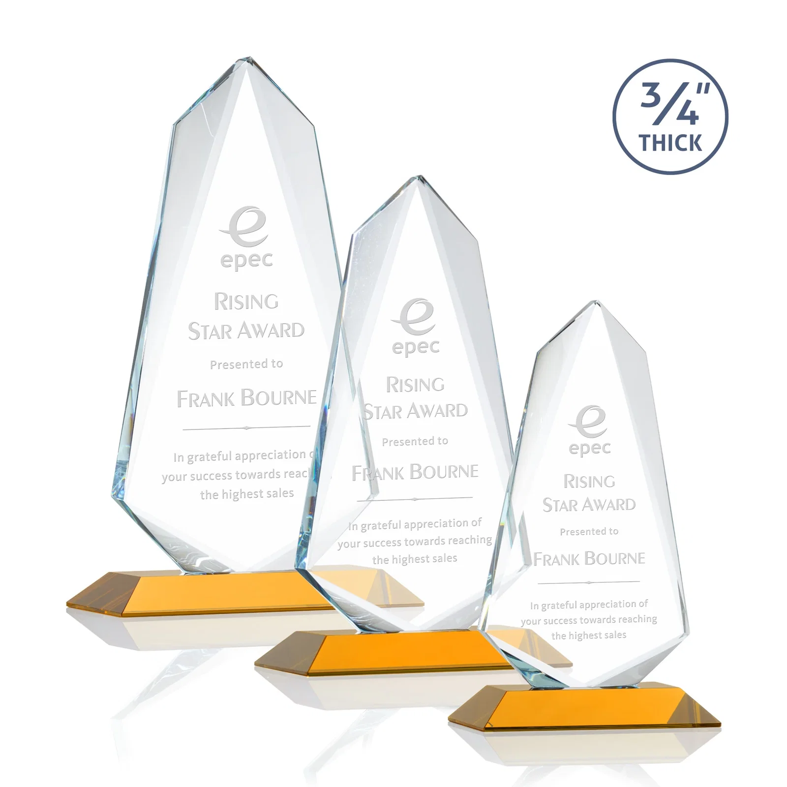 Custom Starfire Crystal Arrow Award with Wood or Crystal Mitered Base for retirement presentations