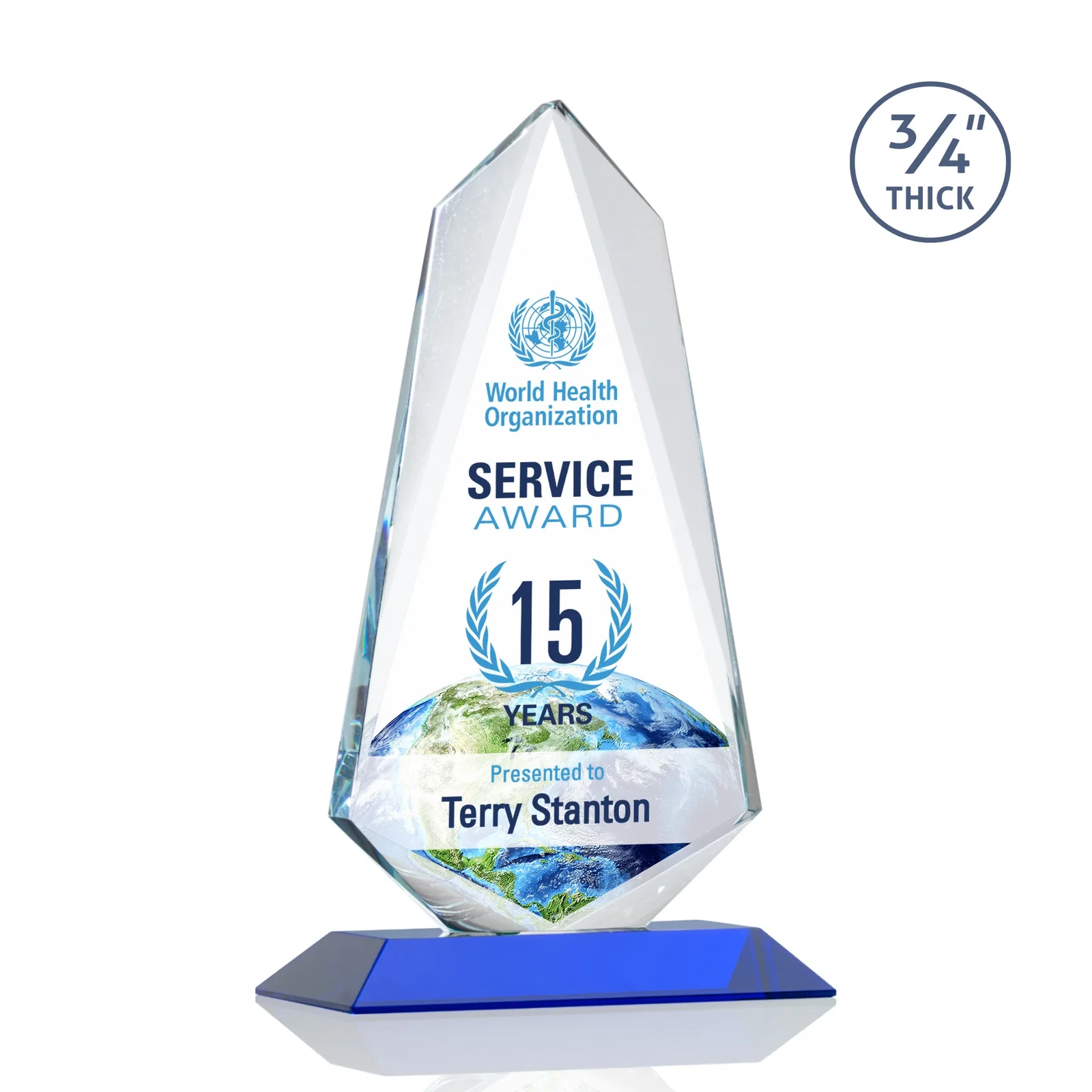 Custom printed Starfire Crystal Arrow Award with Wood or Crystal Mitered Base for service anniversary gifts