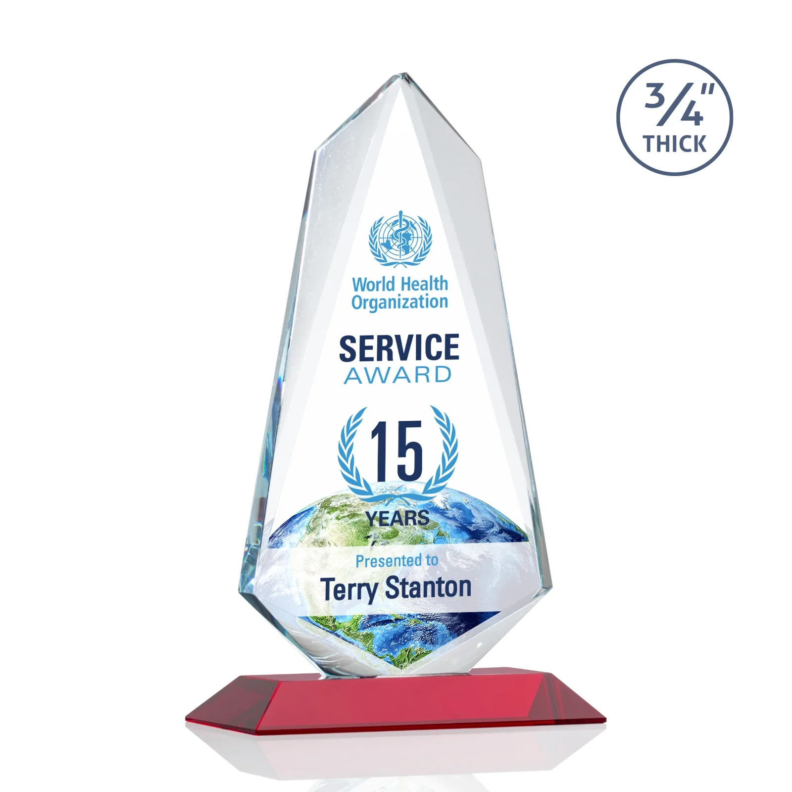 Custom printed Starfire Crystal Arrow Award with Wood or Crystal Mitered Base for donor appreciation
