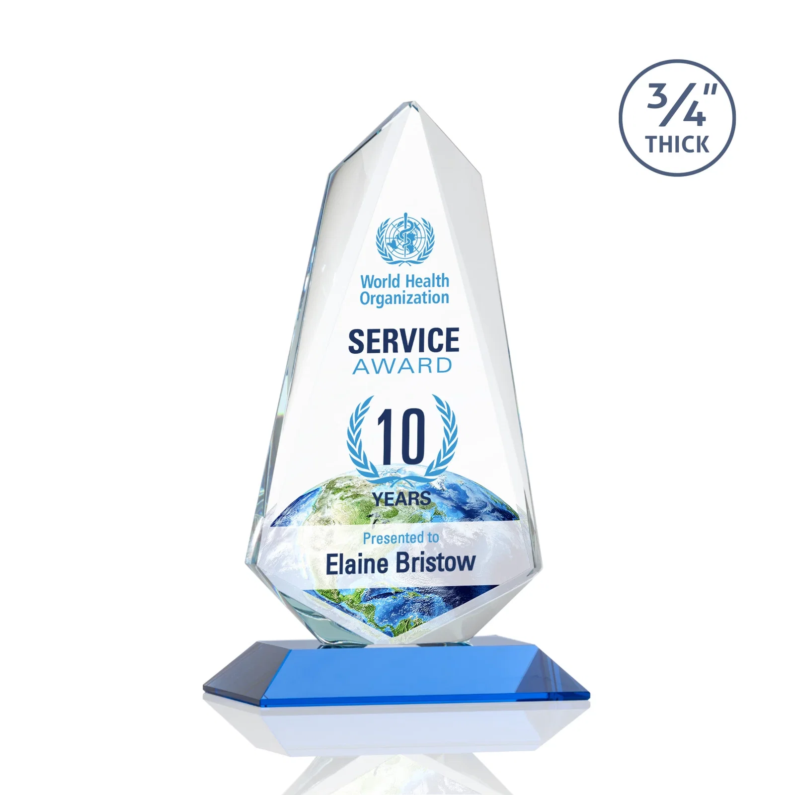Custom printed Starfire Crystal Arrow Award with Wood or Crystal Mitered Base for volunteer appreciation