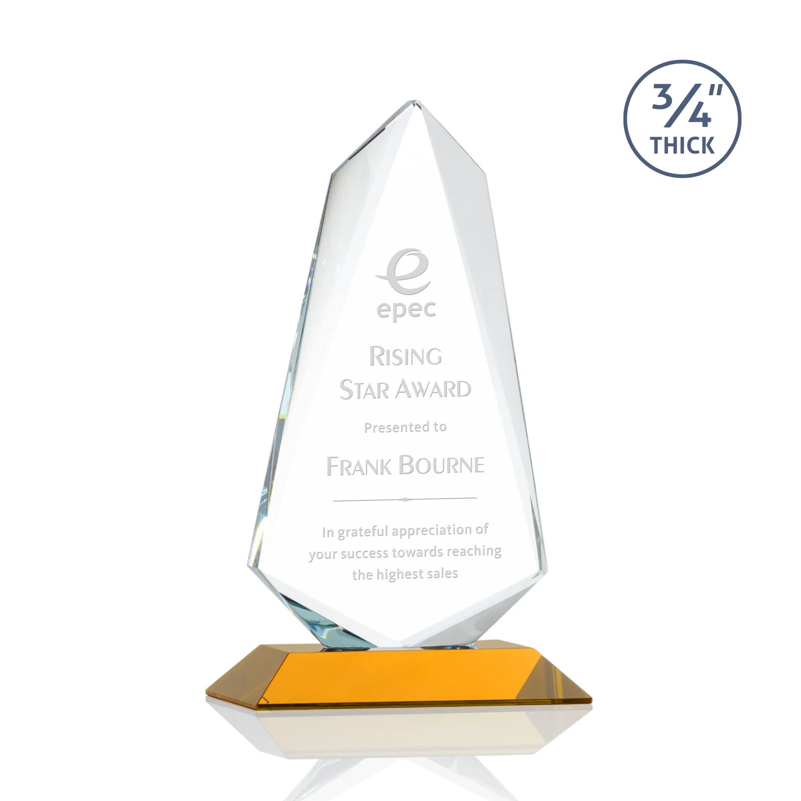 Custom Starfire Crystal Arrow Award with Wood or Crystal Mitered Base for team milestone celebrations
