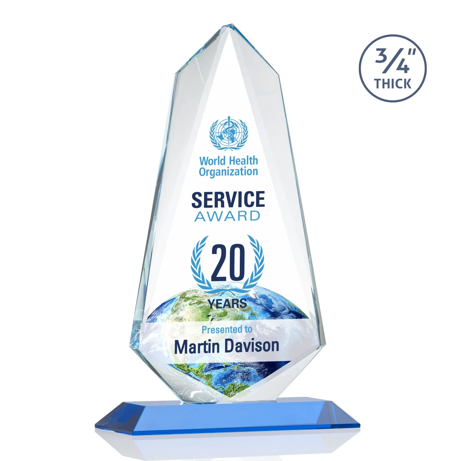 Custom printed Starfire Crystal Arrow Award with Wood or Crystal Mitered Base for company anniversary events