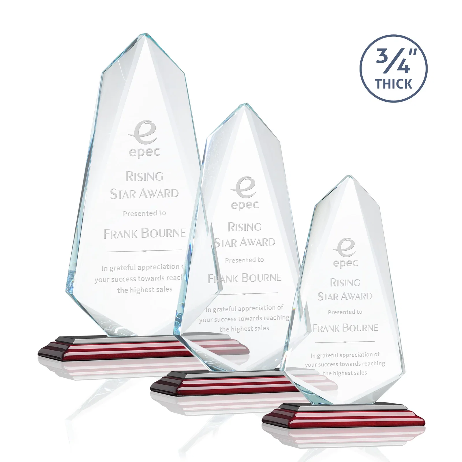 Customized Starfire Crystal Arrow Award with Wood or Crystal Mitered Base for retirement presentations
