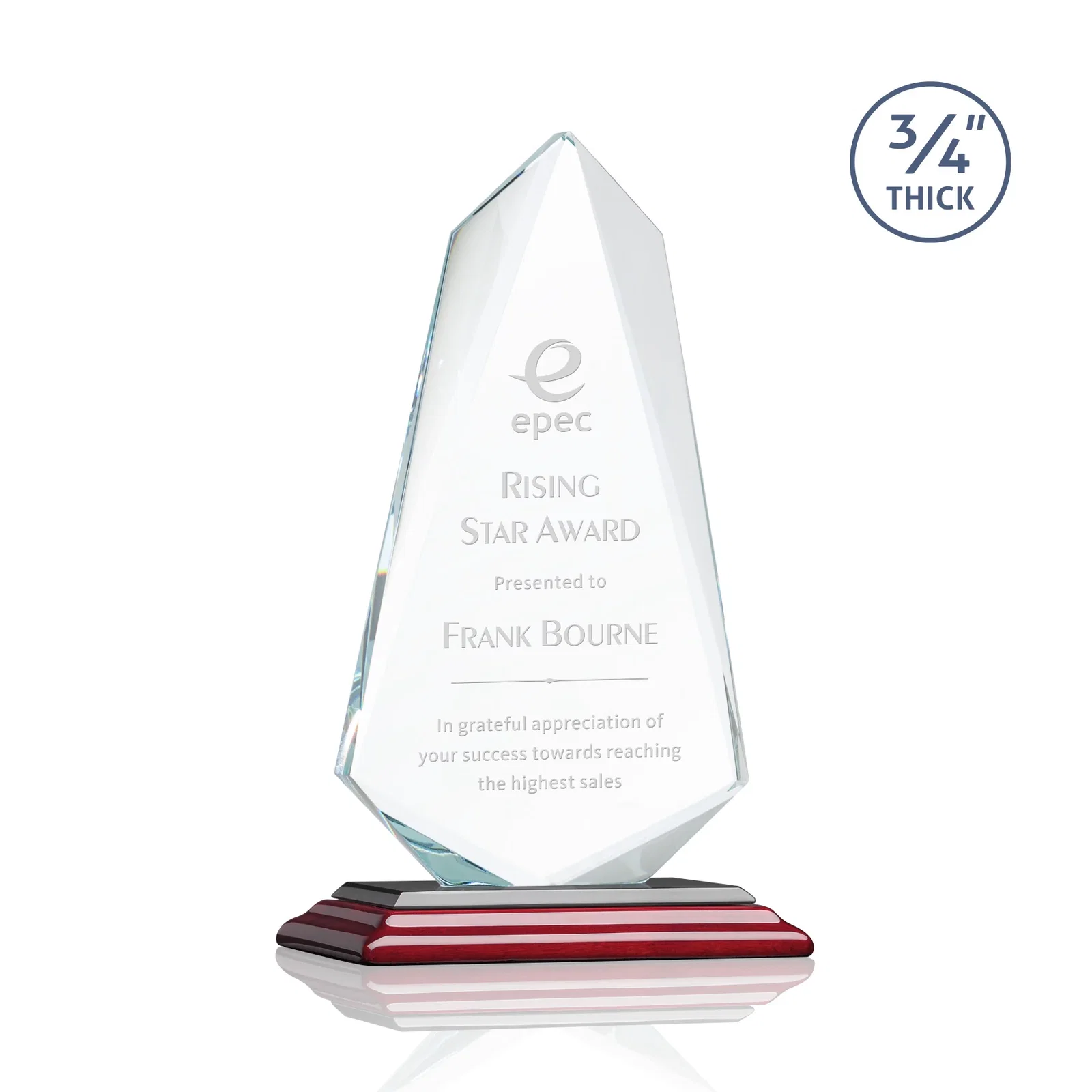 Customized Starfire Crystal Arrow Award with Wood or Crystal Mitered Base for team milestone celebrations