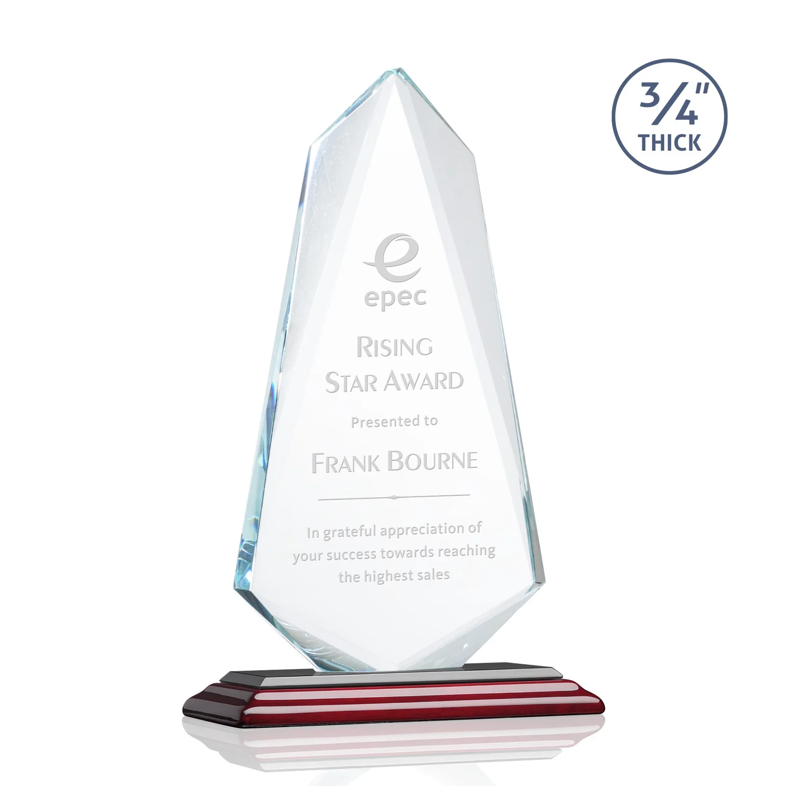 Customized Starfire Crystal Arrow Award with Wood or Crystal Mitered Base for donor appreciation