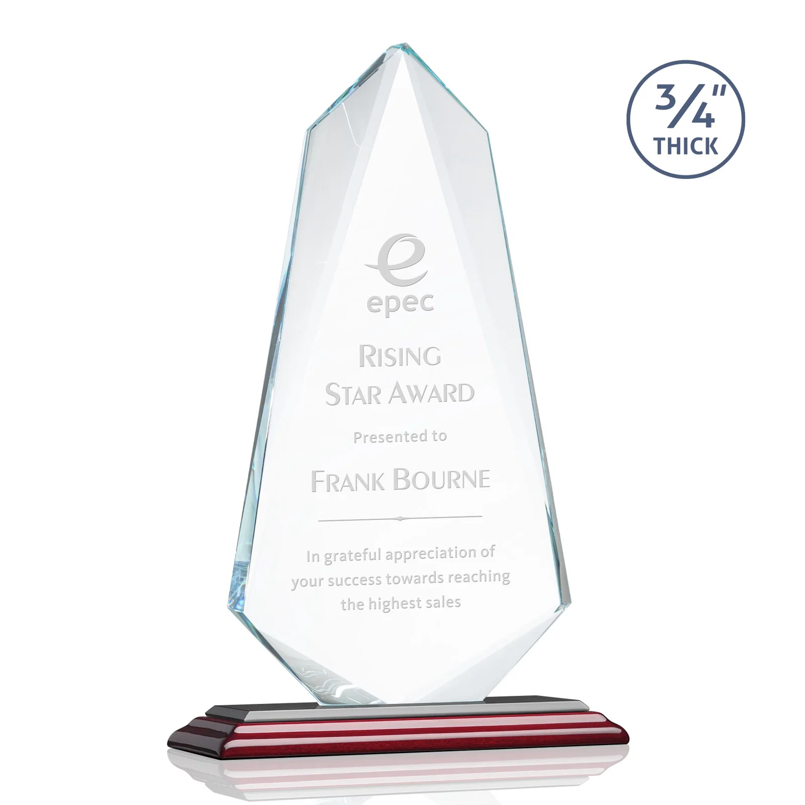 Customized Starfire Crystal Arrow Award with Wood or Crystal Mitered Base for graduation ceremonies