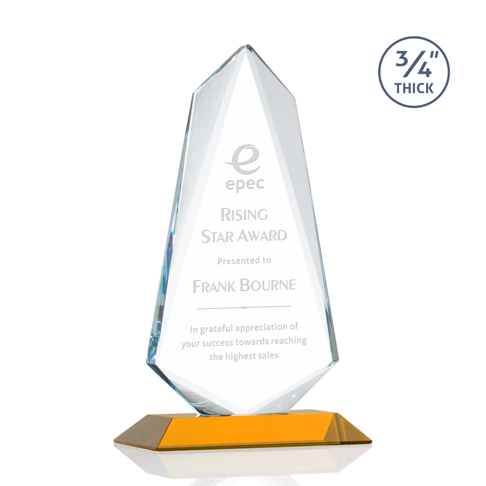 Custom Starfire Crystal Arrow Award with Wood or Crystal Mitered Base for donor appreciation