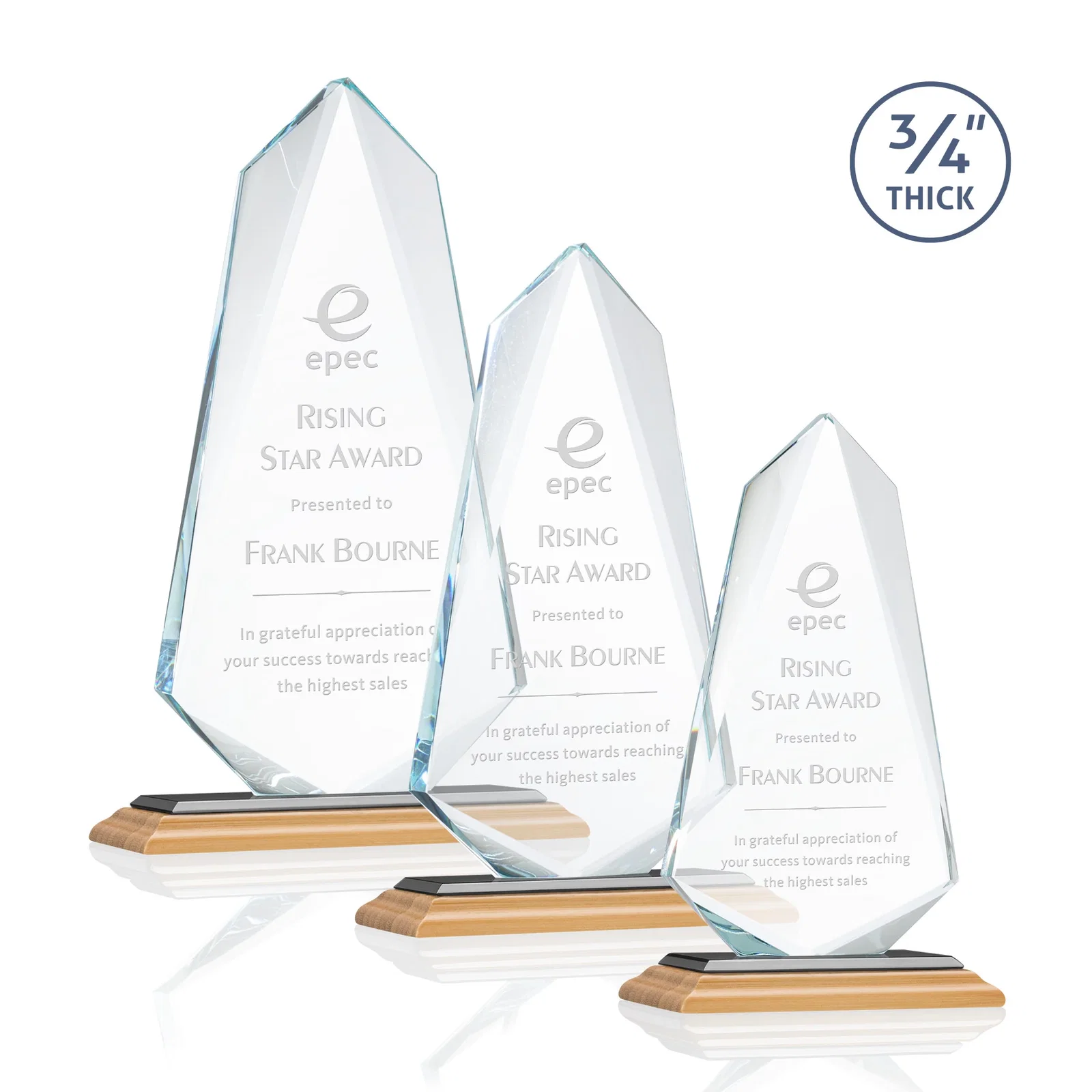 Custom engraved Starfire Crystal Arrow Award with Wood or Crystal Mitered Base for employee recognition