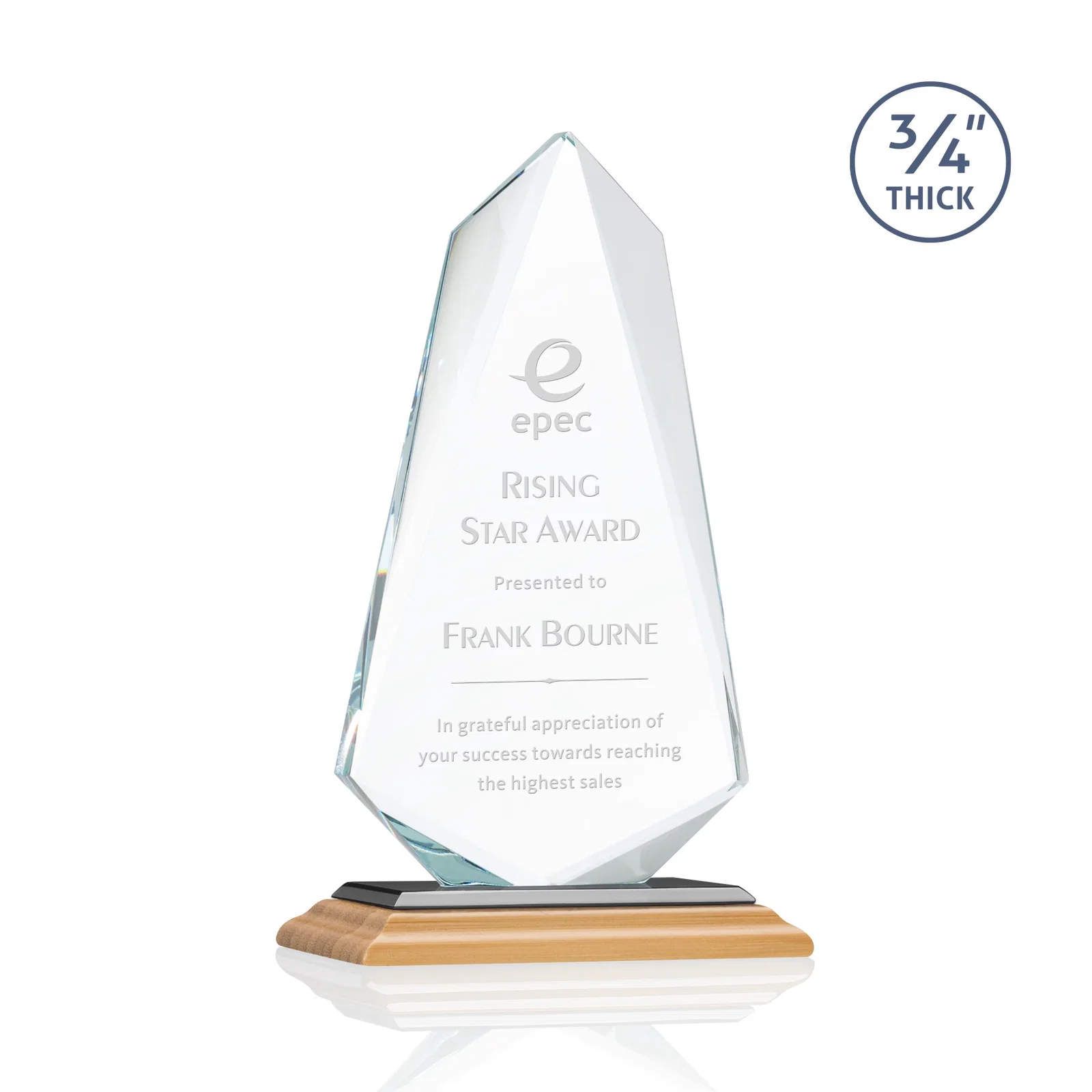 Custom engraved Starfire Crystal Arrow Award with Wood or Crystal Mitered Base for corporate award ceremonies
